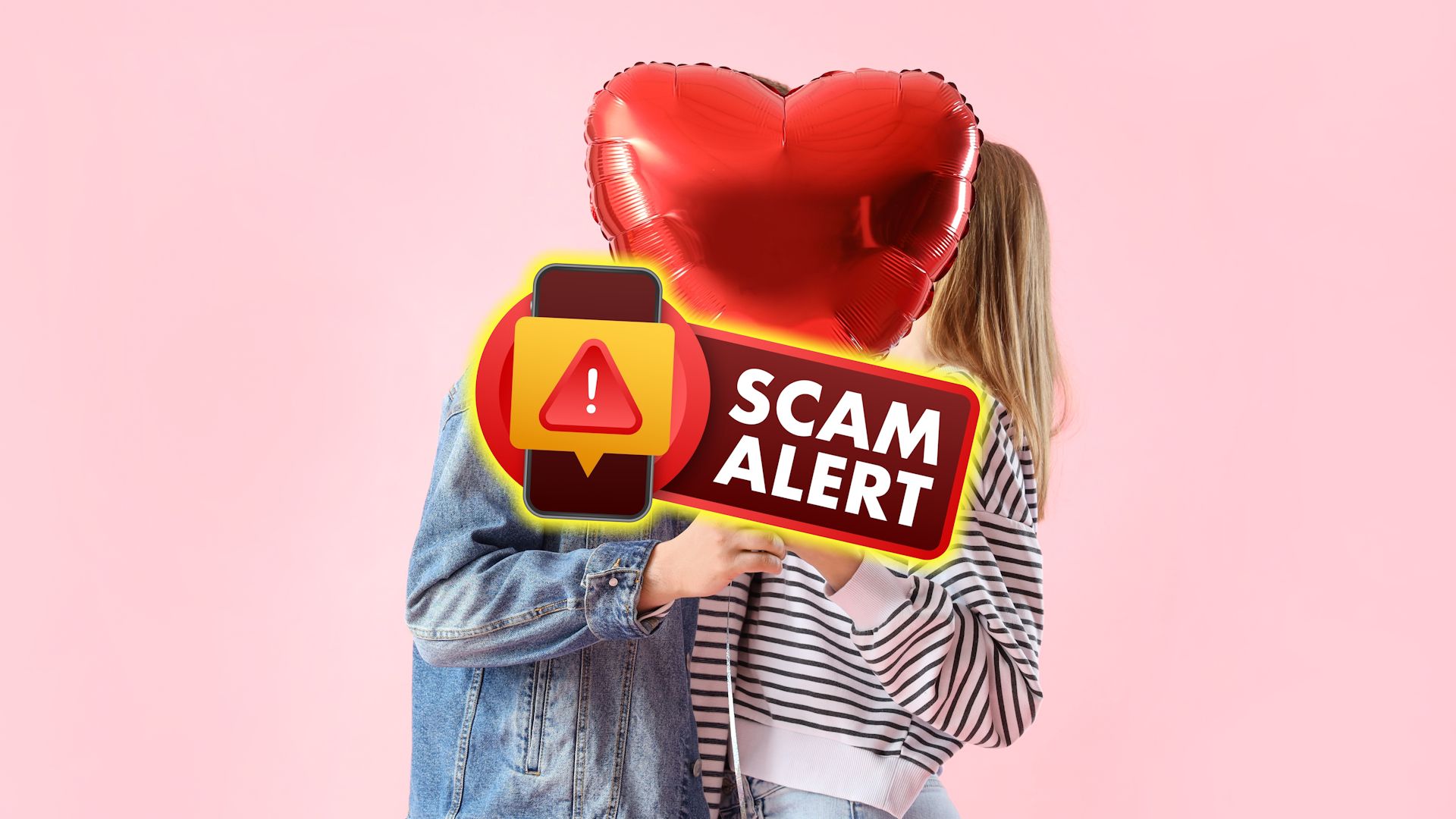 man and woman hiding behind balloon with scam alert sign