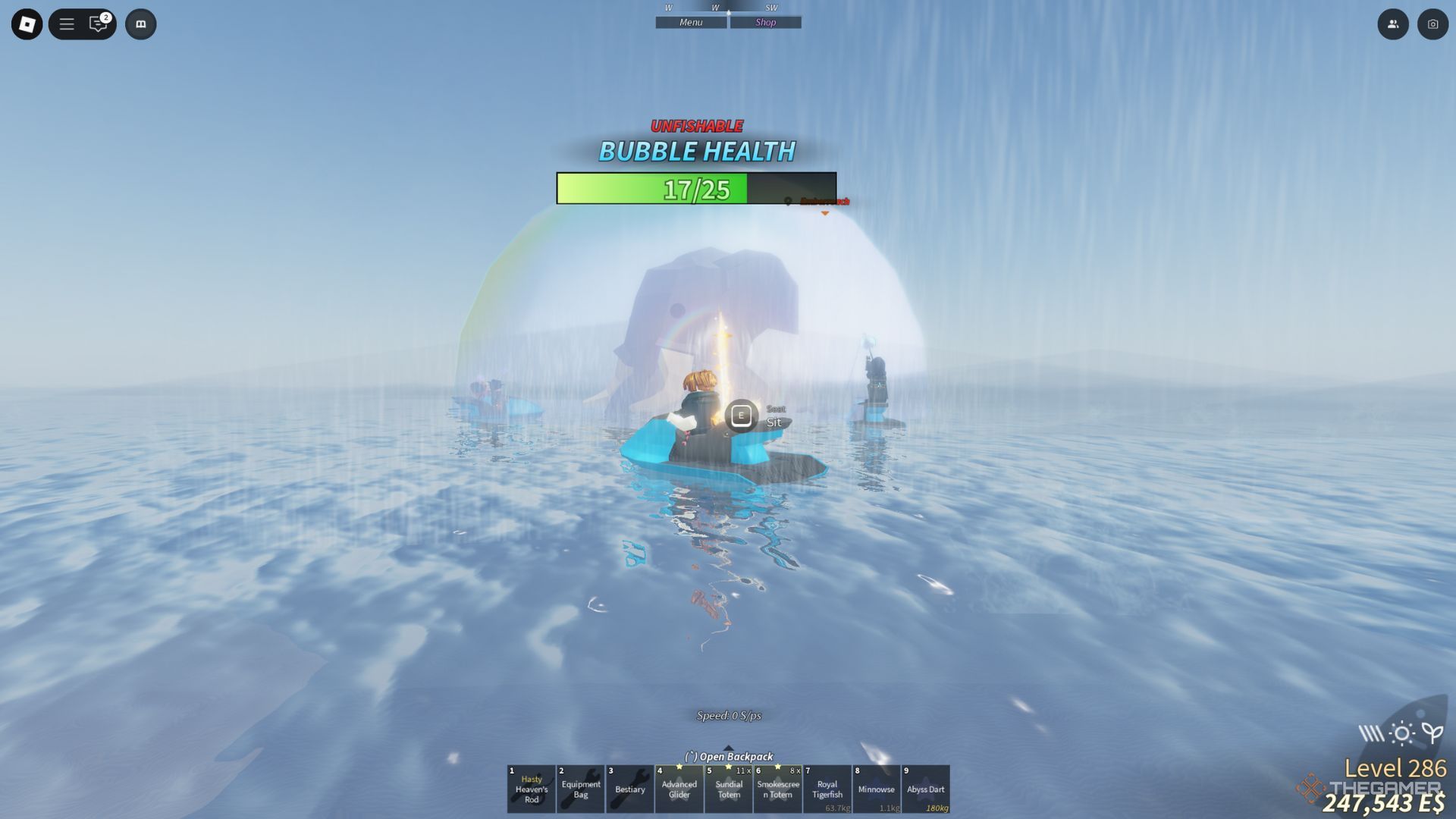 A player character showcases the Octophant pool near Lushgrove in Fisch.