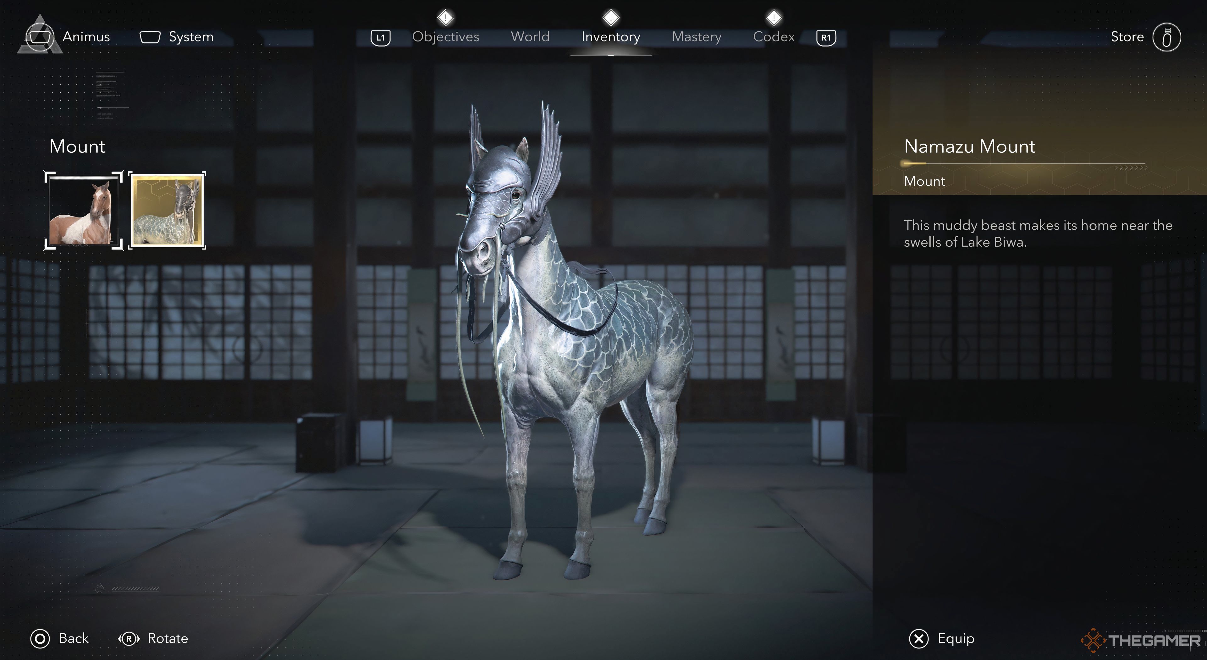 The mount selection menu highlighting the Namazu Mount in Assassin's Creed Shadows