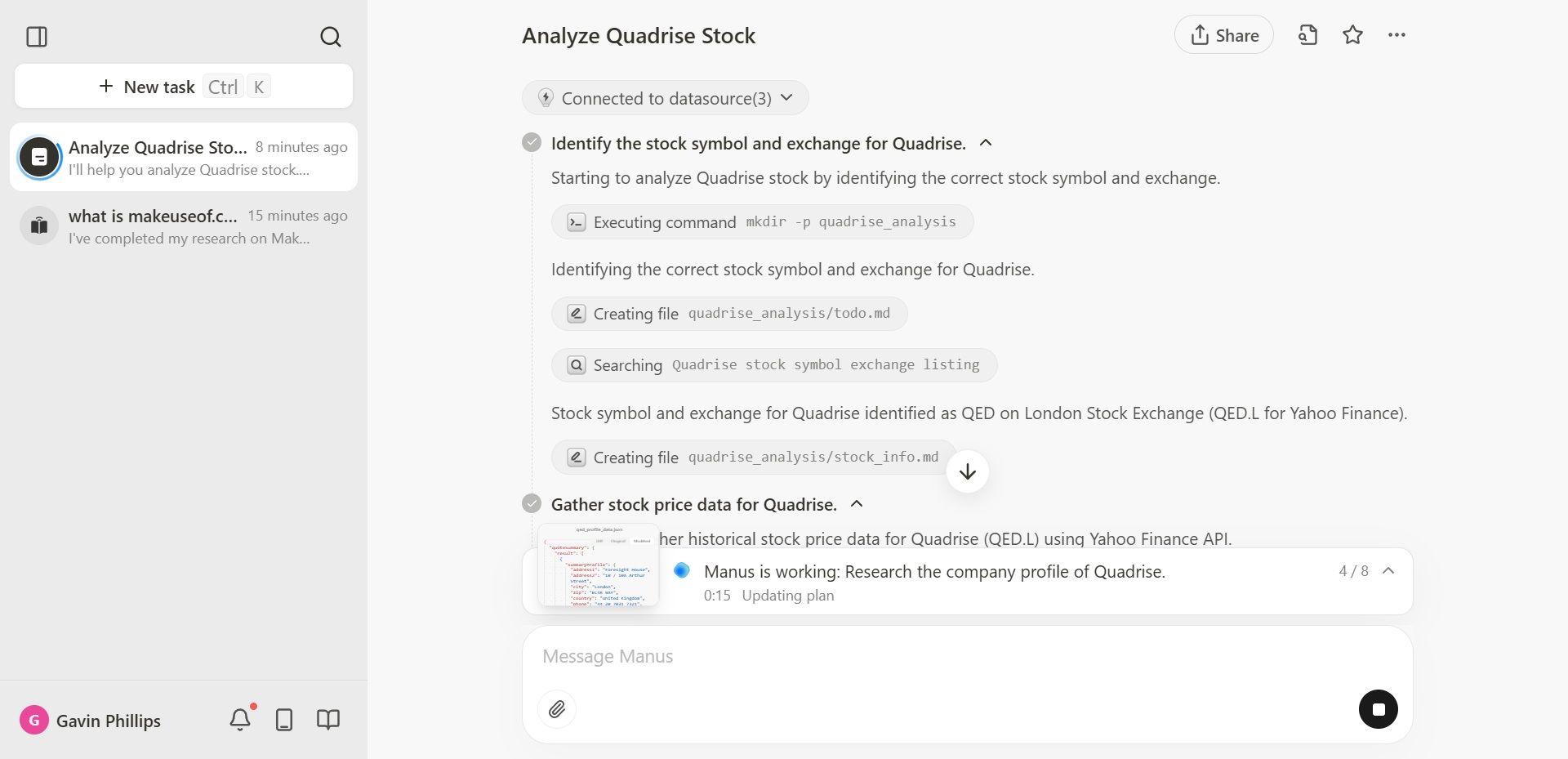 manus ai app analyzing stock with report.