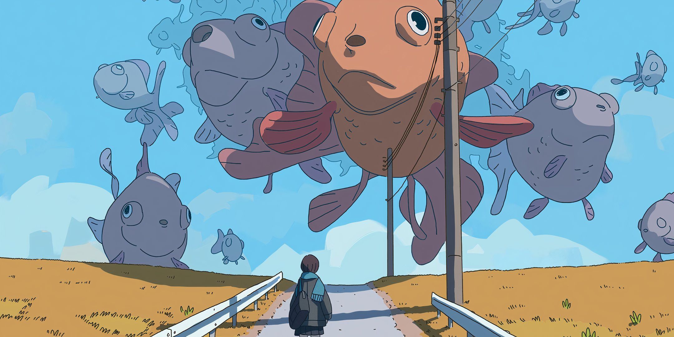 Giant koi fish flying in the sky in the Obojima Dungeons & Dragons campaign setting.