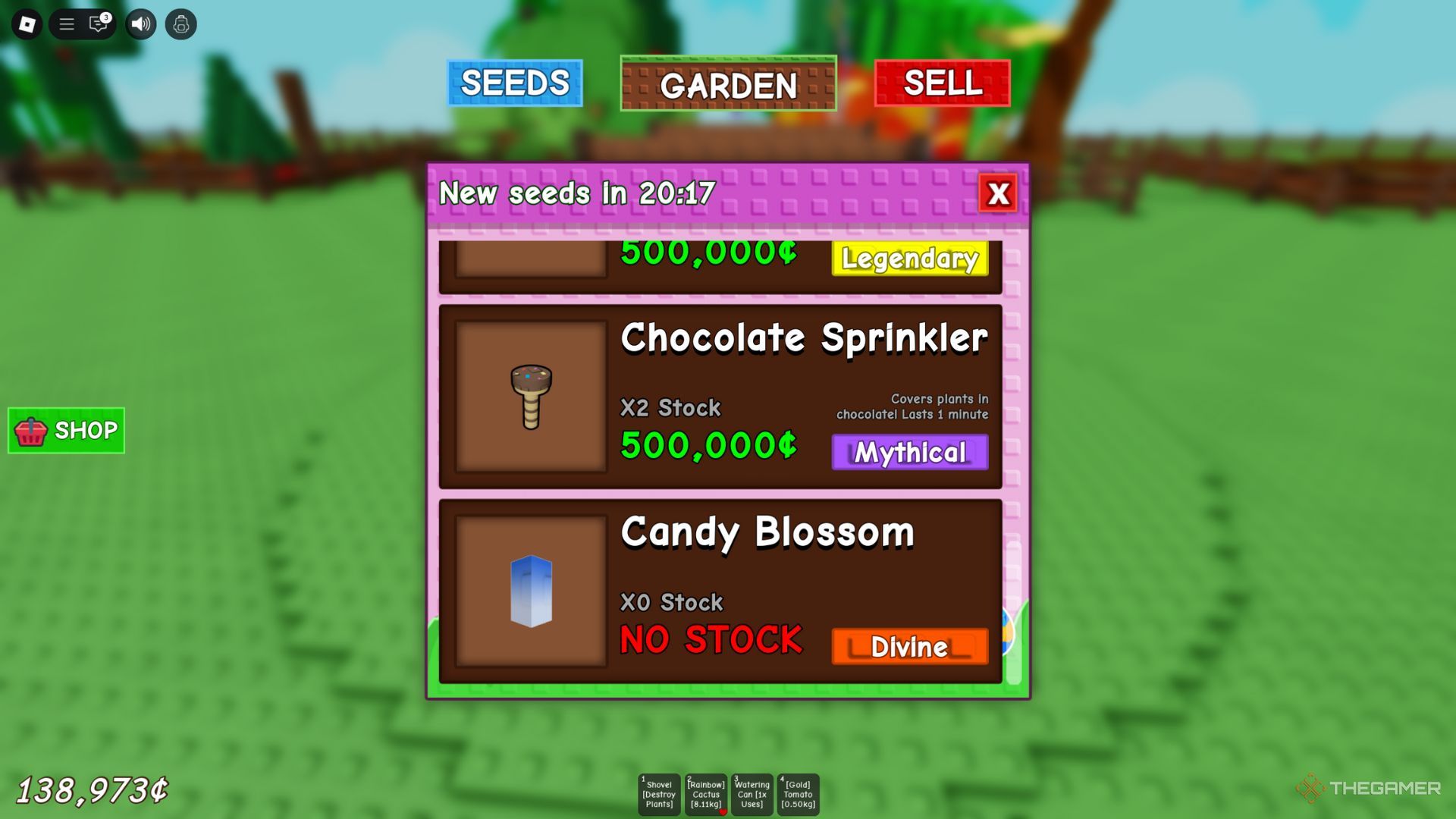 The player character shows the Chocolate Sprinkler in the Easter Shop in Grow A Garden.