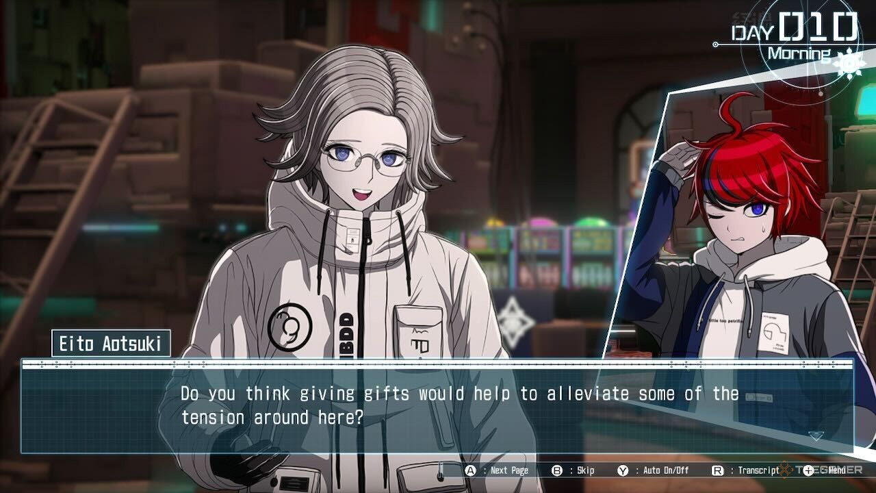 Eito explaining gift-giving in The Hundred Line: Last Defense Academy.