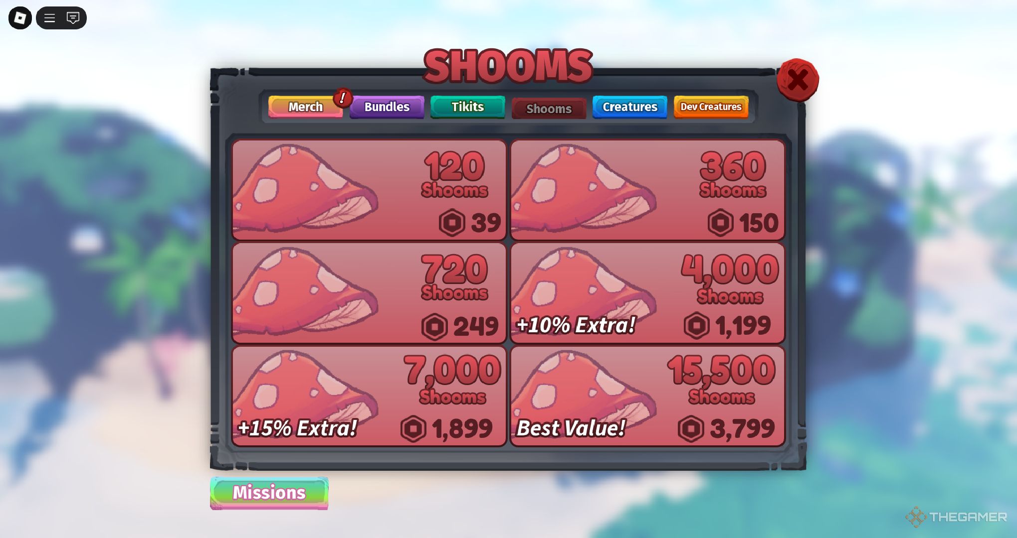 A player looking at Mushroom Robux transactions in Creatures of Sonaria on Roblox.