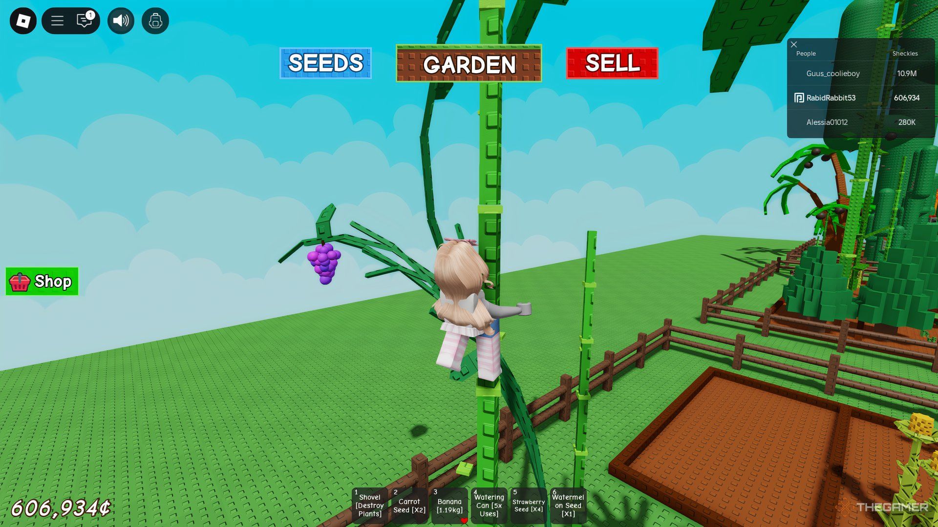 Player climbing Bamboo in Roblox: Grow A Garden.