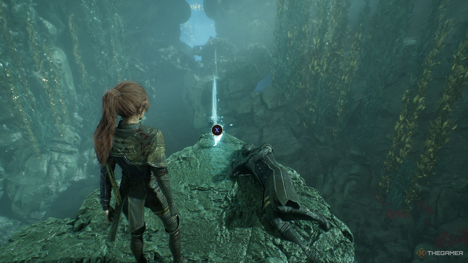 Maelle ready to pick something up in Clair Obscur Expedition 33.