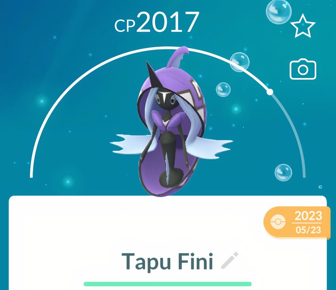 Tapu Fini's catch screen from Pokemon Go.