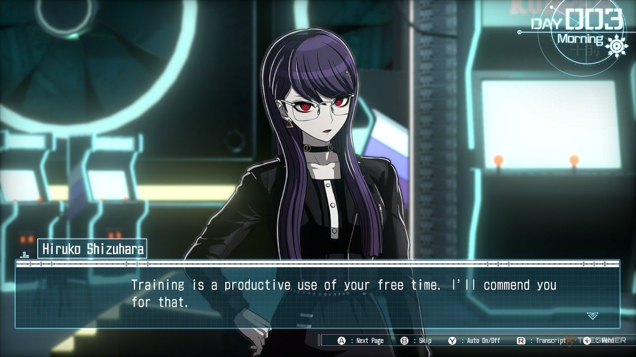 Hiruko discussing using free time to practice combat in The Hundred Line: Last Defense Academy.