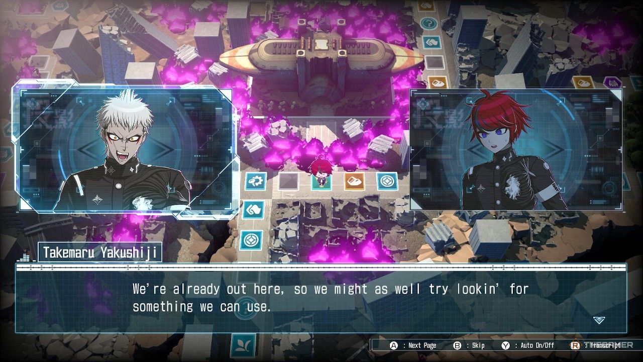 Takemaru explaining how to find resources while exploring in The Hundred Line: Last Defense Academy.