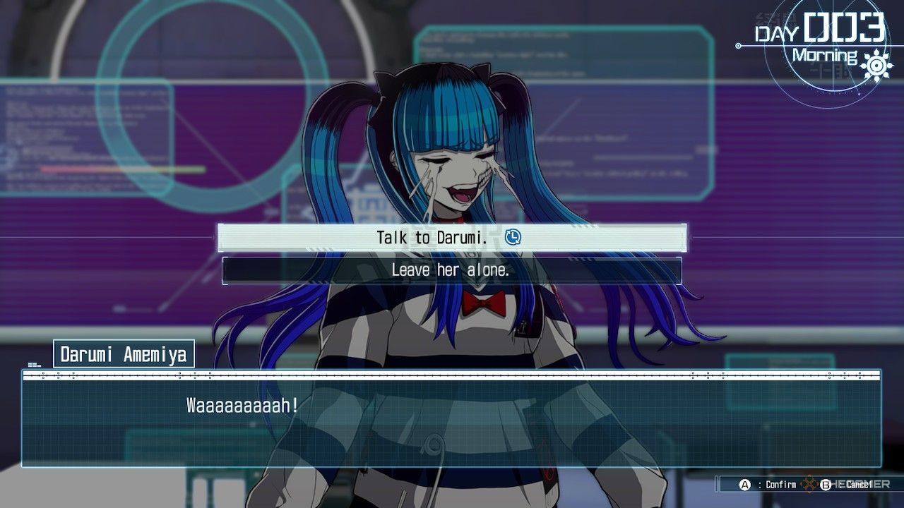 Darumi upset, with the option to talk to her during Free Time in The Hundred Line: Last Defense Academy.