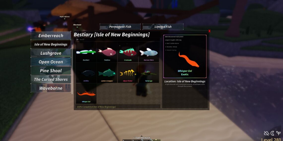 Completing the Isle of New Beginnings Bestiary in Roblox: Fisch