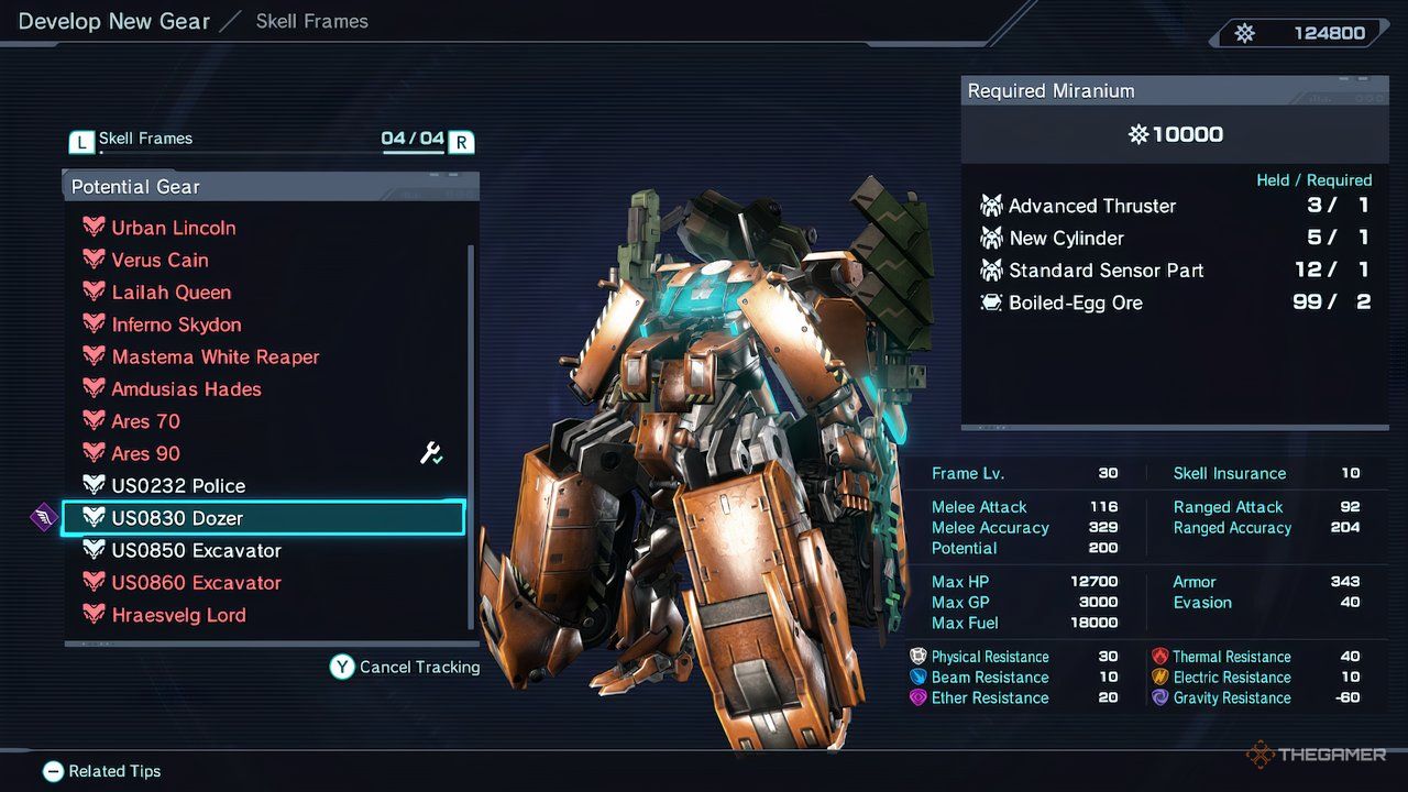 Crafting screen for the US0830 Dozer Skell in Xenoblade Chronicles X: Definitive Edition.