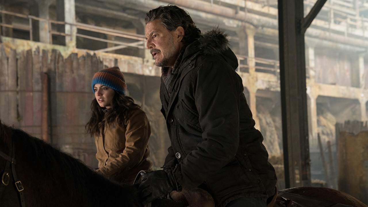 Joel riding a horse with a young woman beside him in The Last of Us season 2.