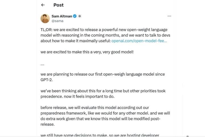 Sam Altman's announcement about OpenAI's open-weight model.