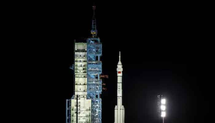 A Long March-2F rocket with the Shenzhou-19 spacecraft sits on the launch pad at the Jiuquan Satellite Launch Center before its journey to China's Tiangong space station, located near Jiuquan in Gansu province, on October 30, 2024.