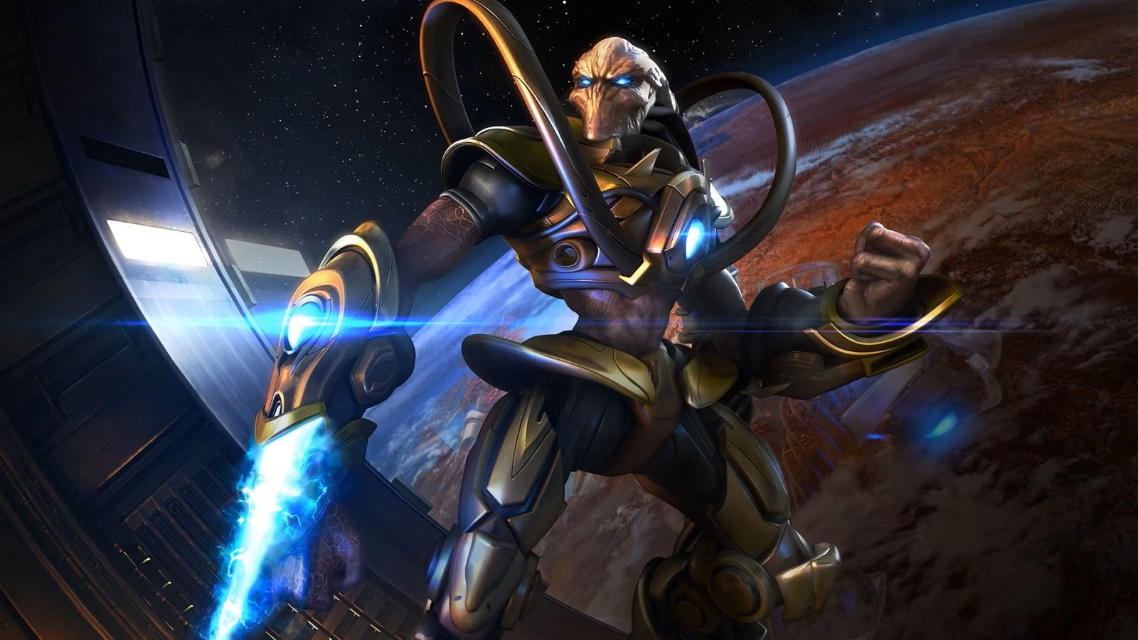 An alien in armor with a light sword standing in front of a spaceship window with a planet in the background.