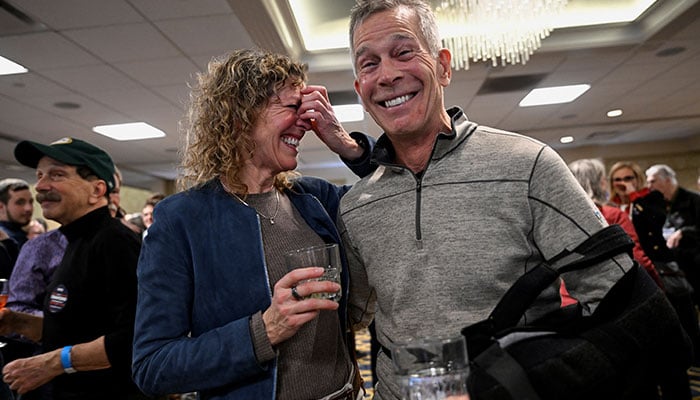 Supporters of Wisconsin Supreme Court candidate Judge Susan Crawford react after her election victory on April 1, 2025.