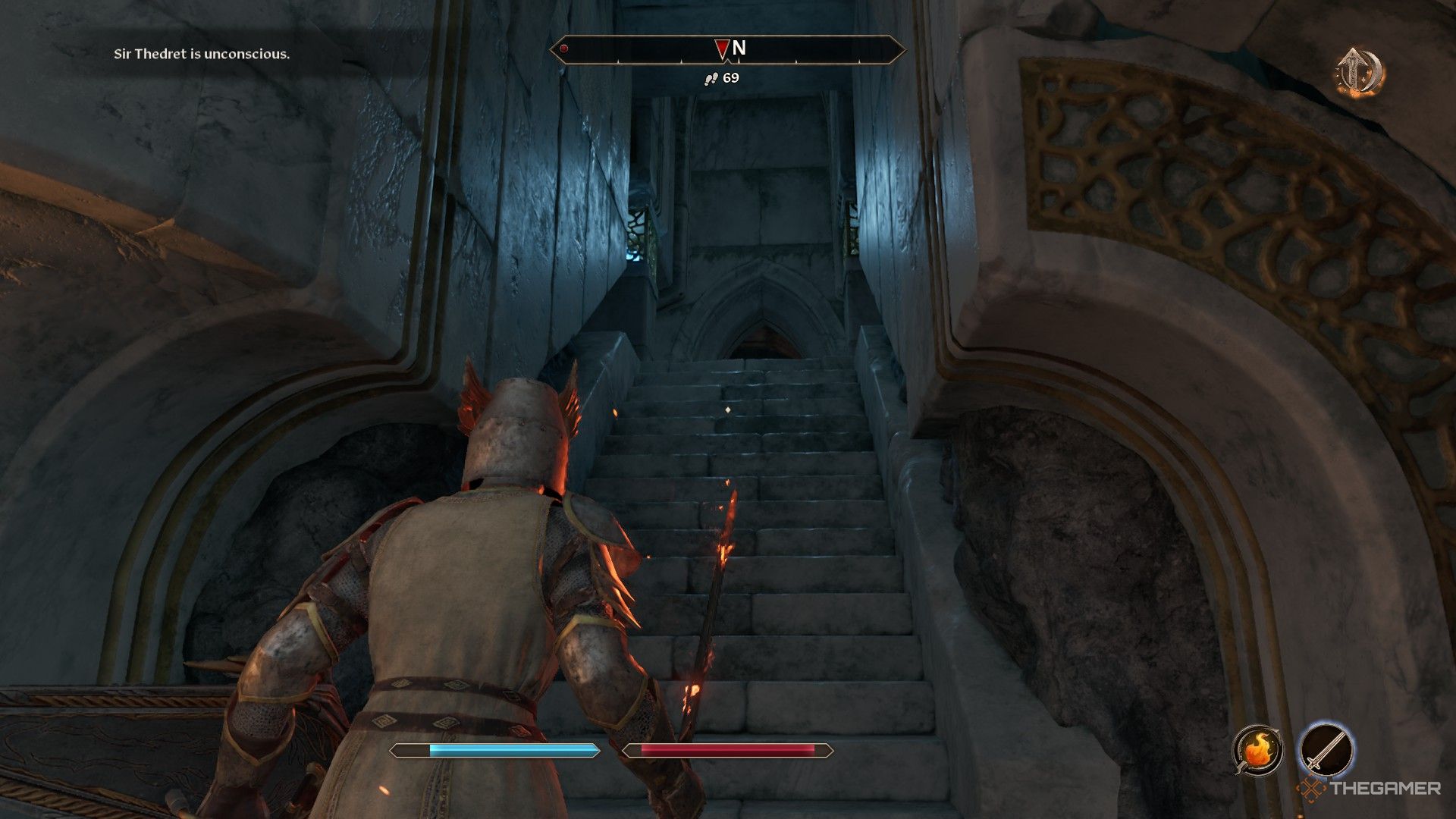 Player looks up a set of stairs inside Garlas Malatar in Oblivion Remastered.