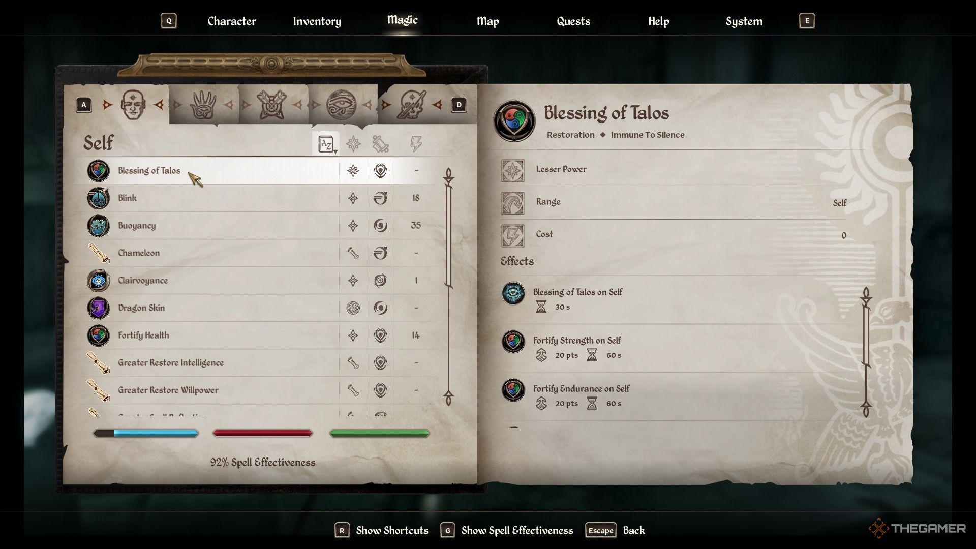 Player prepares to use the Blessing of Talos spell in Oblivion Remastered.