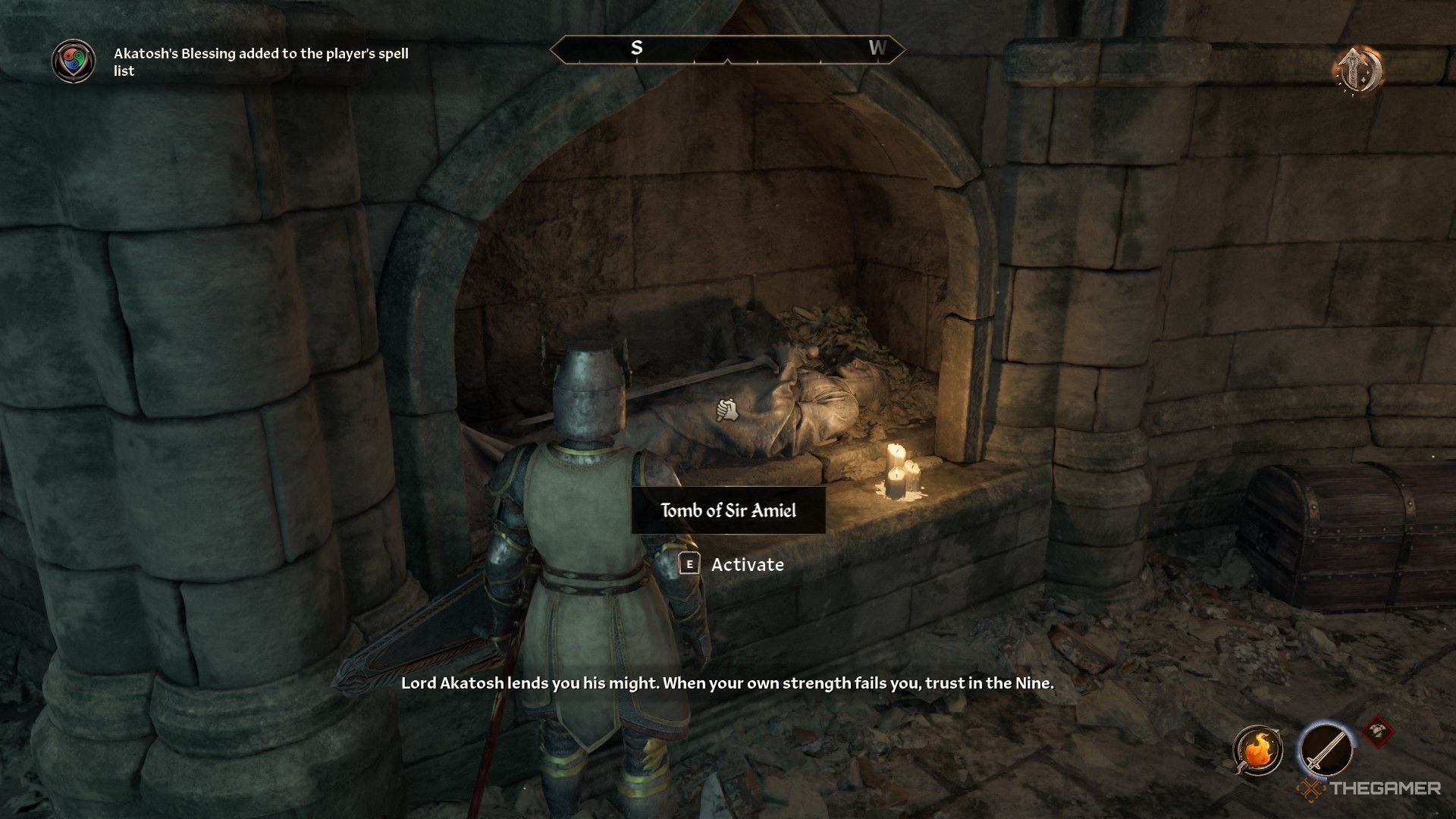 Player interacts with the Tomb of Sir Amiel for a Fortify Attribute to Strength in Oblivion Remastered.