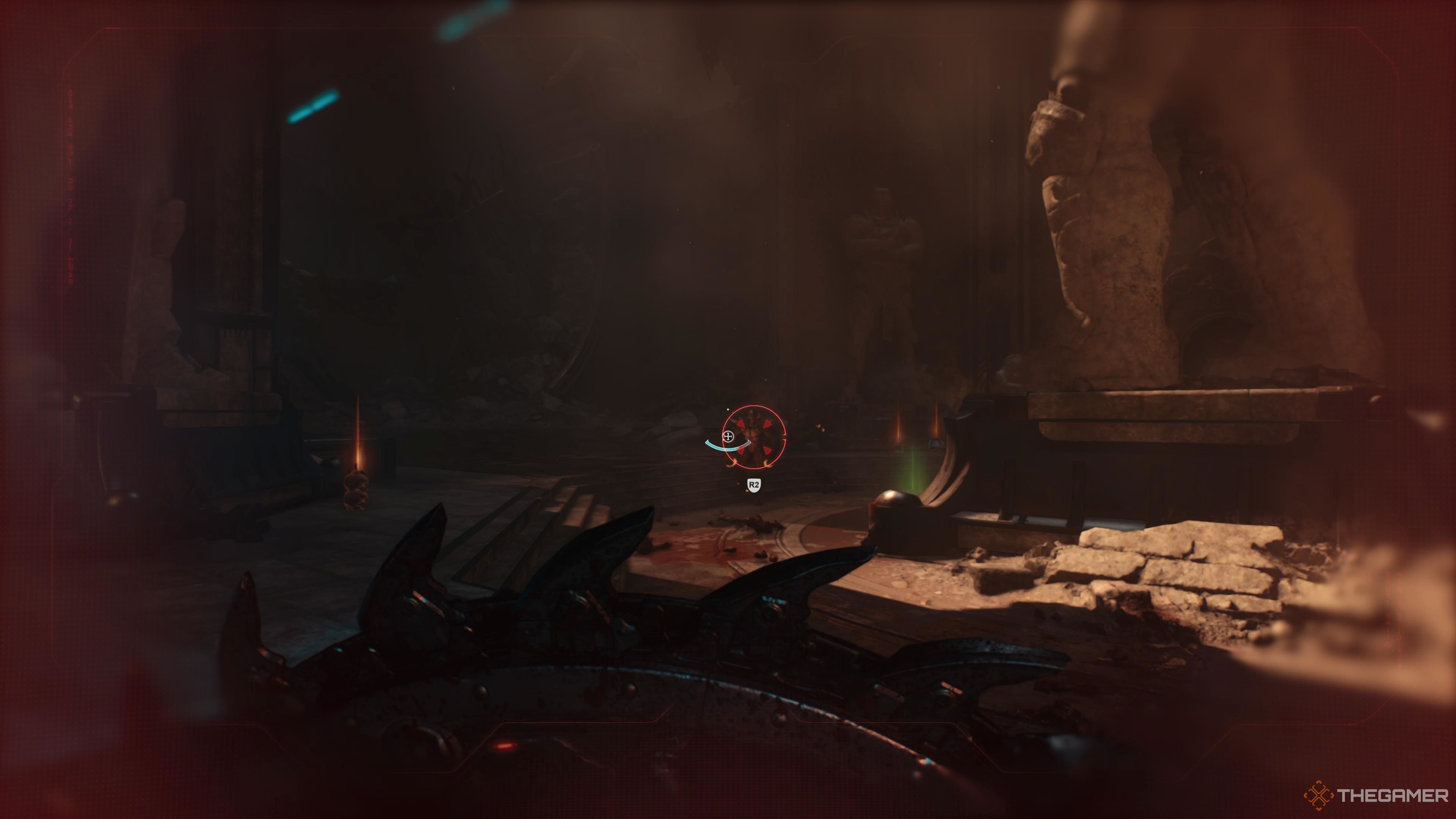 Preparing to use the Shield Charge attack in Doom The Dark Ages.