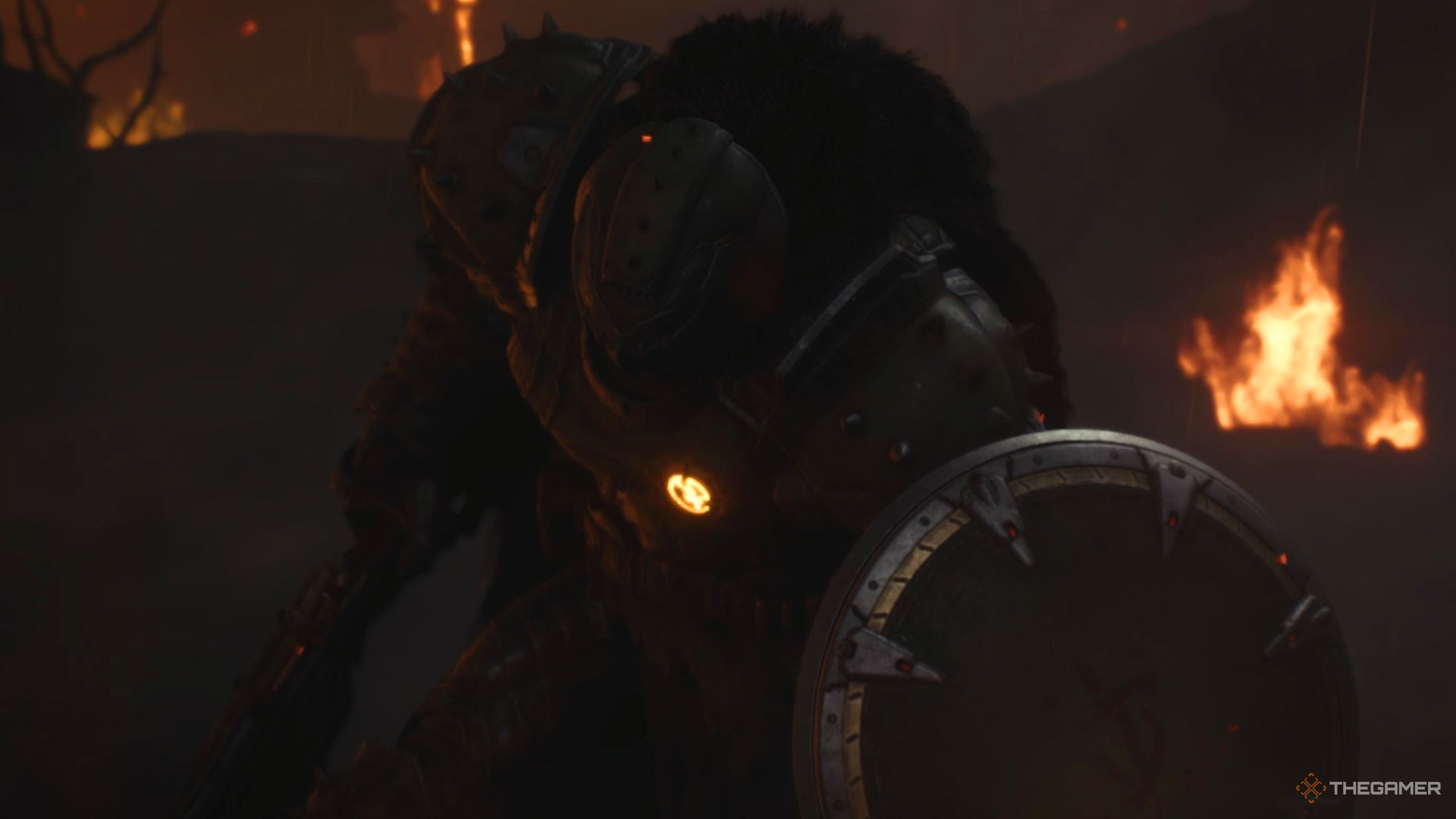 The Doom Slayer rising after beaming down from above in Doom The Dark Ages.