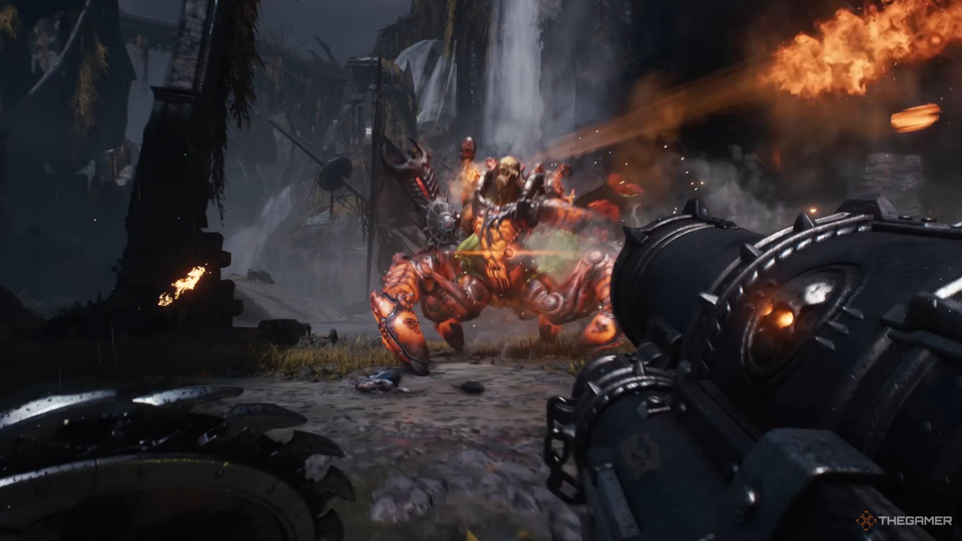 Shooting the spider demon with a rocket launcher in Doom The Dark Ages.