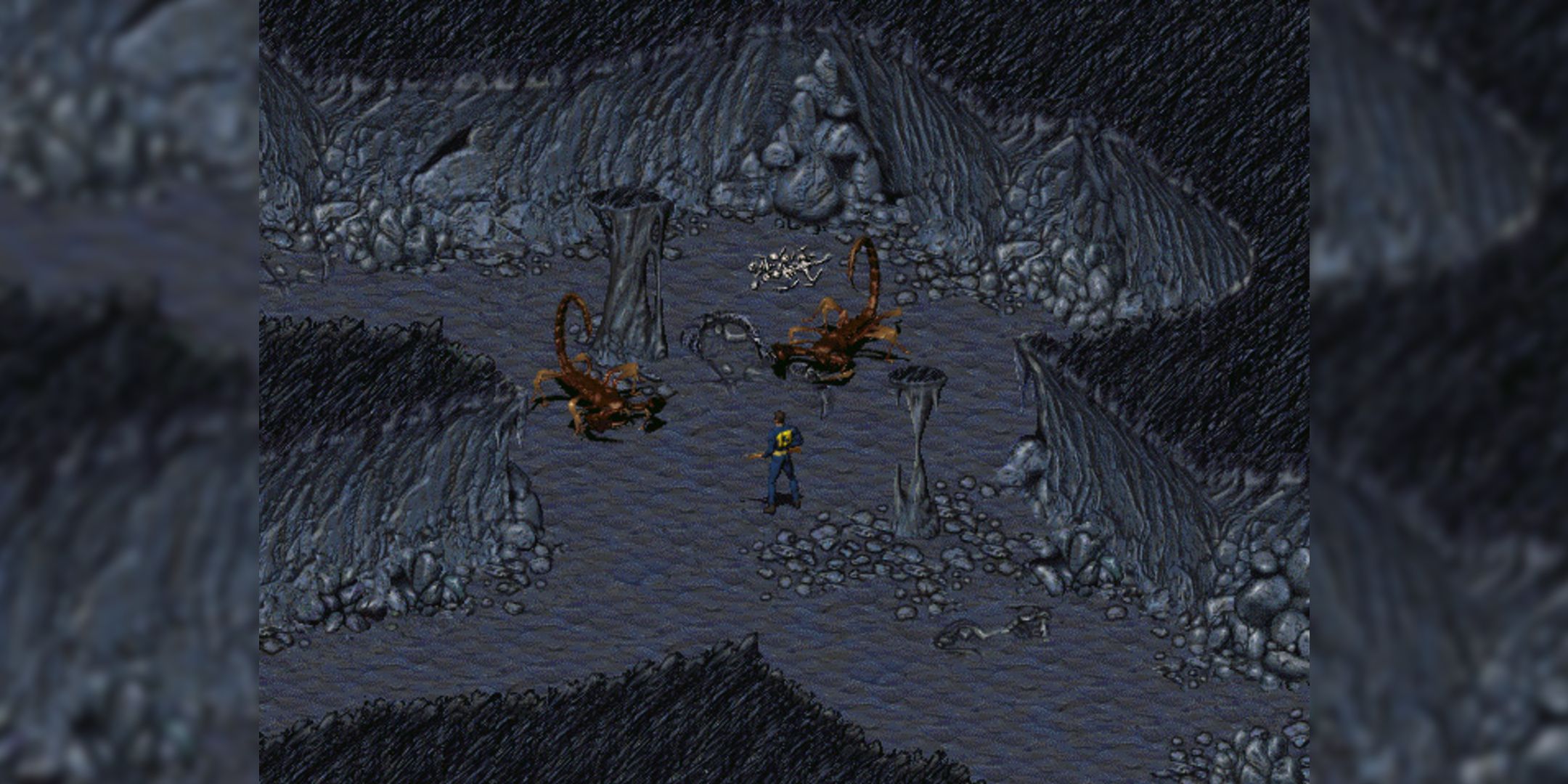 An isometric view of the Vault Dweller facing off against two giant scorpions in Fallout.
