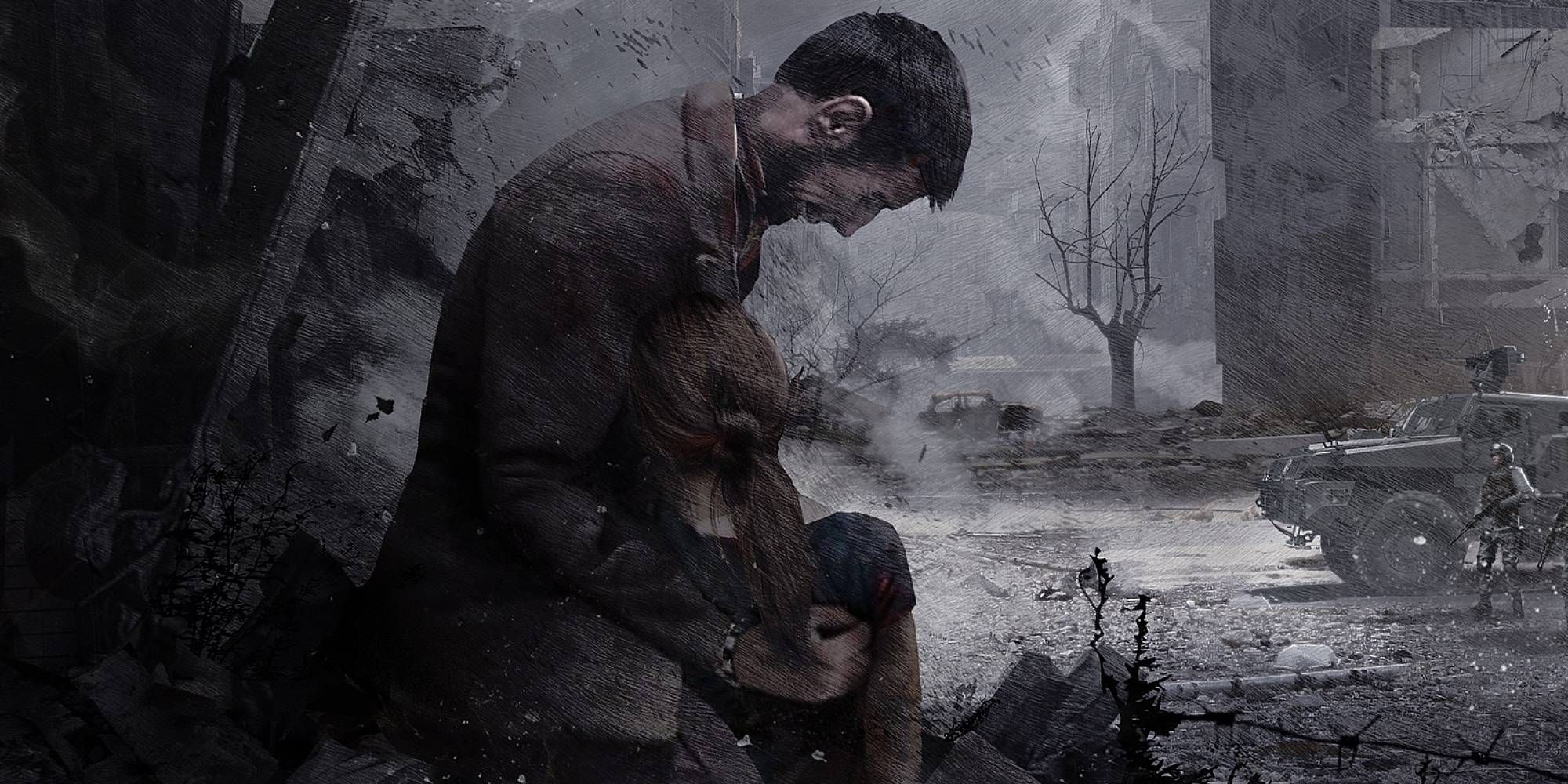 Bleak art of a man crying as he clutches a woman in a bombed city in This War of Mine.