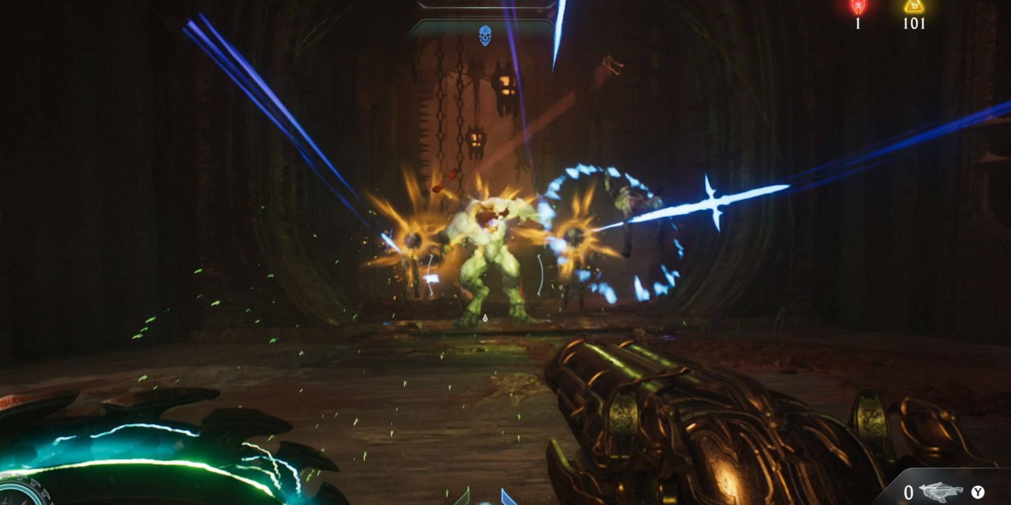 An enemy hit by Holy Swarm daggers in Doom: The Dark Ages