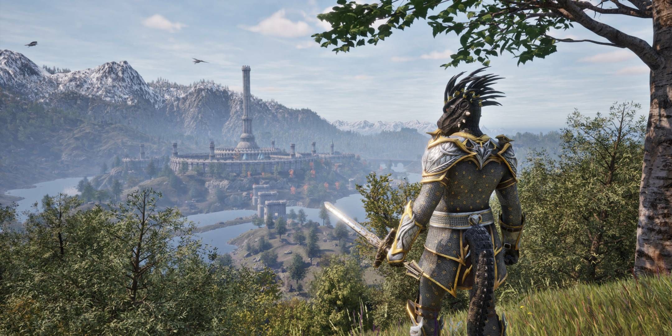 An armored Argonian looking out over the Imperial City in Oblivion Remastered.