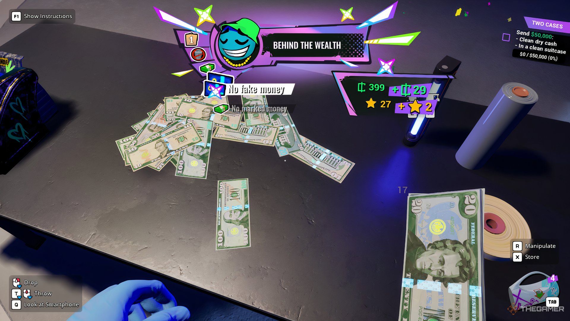Player character sorting money while a quest pop-up shows the bonuses they're earning in Cash Cleaner Simulator.