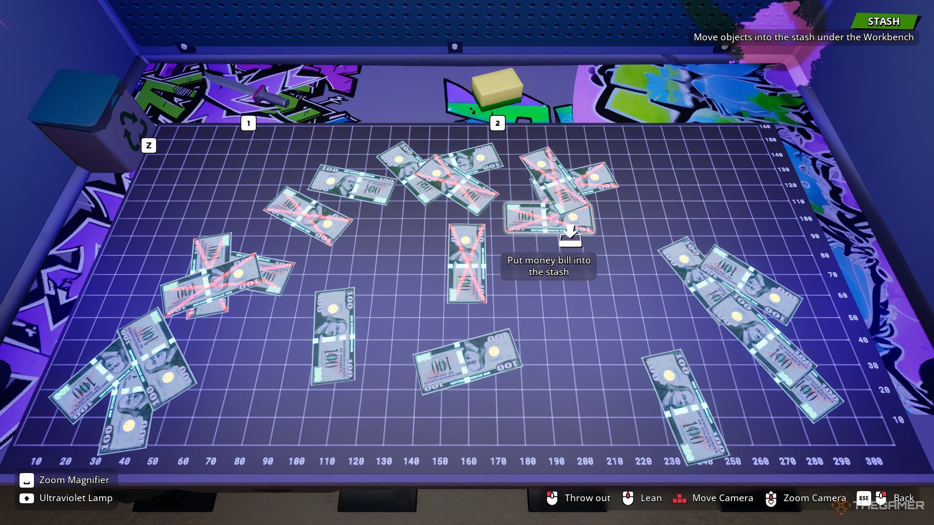 Player character using a UV lamp to distinguish marked bills from unmarked ones in Cash Cleaner Simulator.