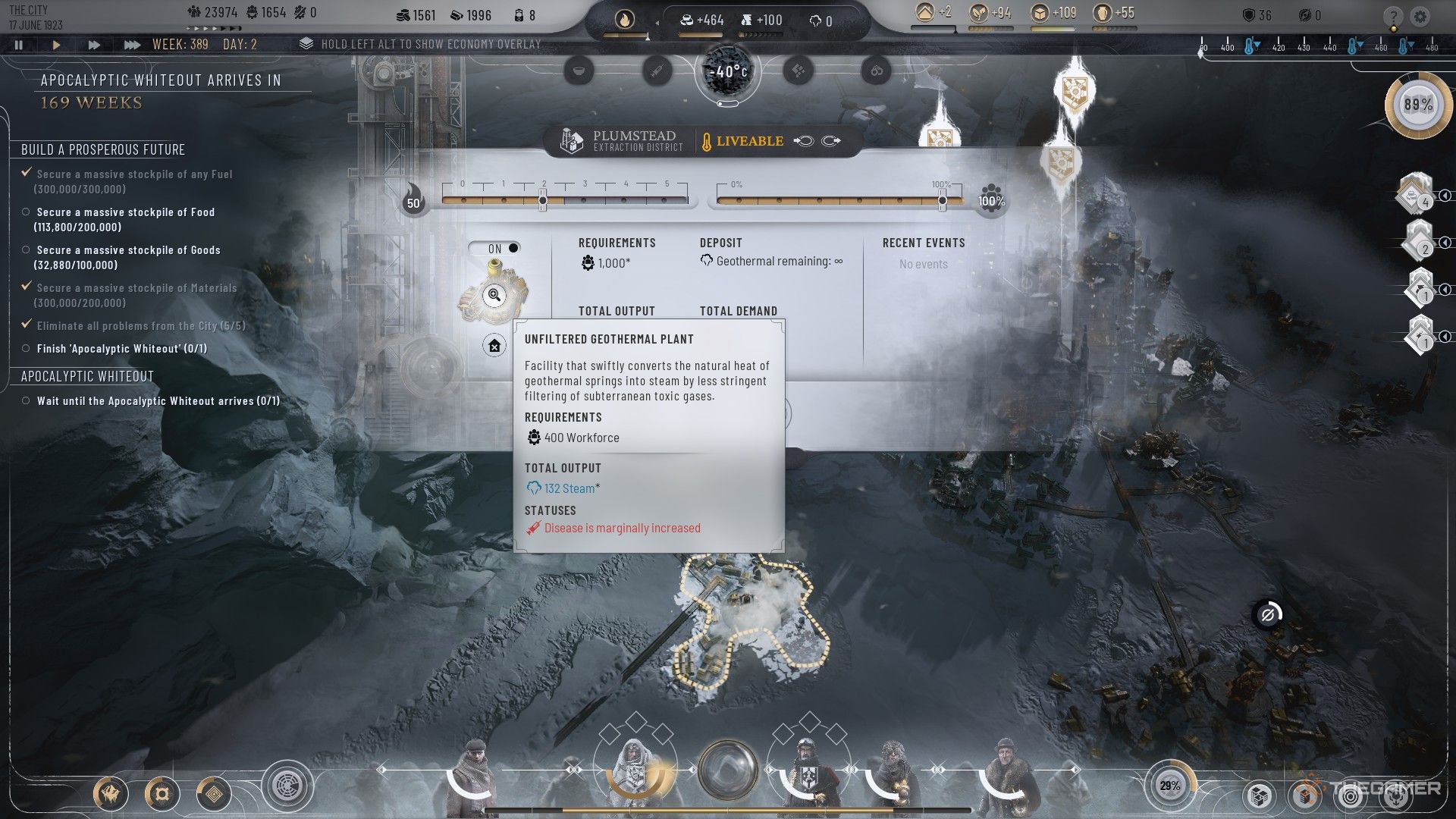 Player inspects a newly built Geothermal Plant in Frostpunk 2.