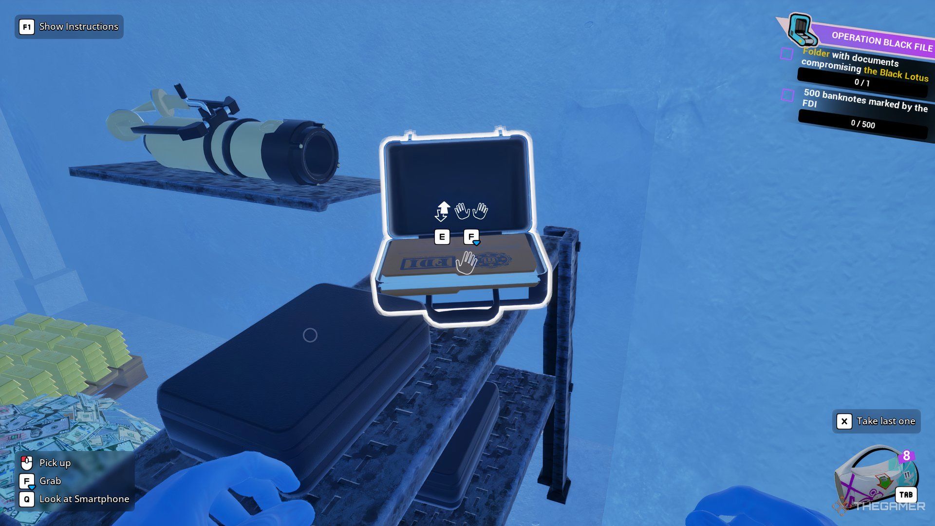 Player character grabbing a briefcase from the Vault filled with gold bars and cash in Cash Cleaner Simulator.