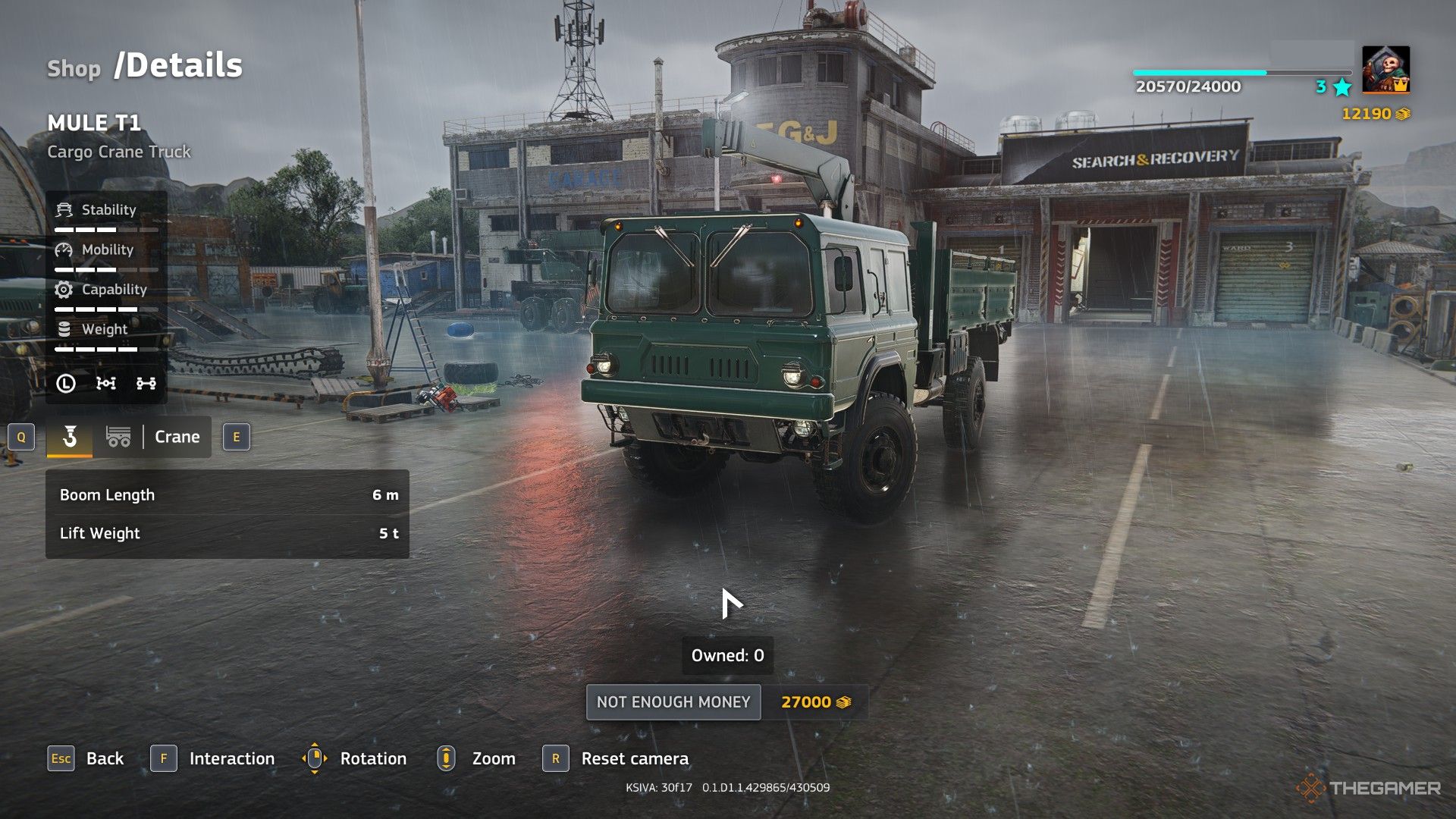 the mule t1 cargo crane truck at the vehicle shop in RoadCraft.