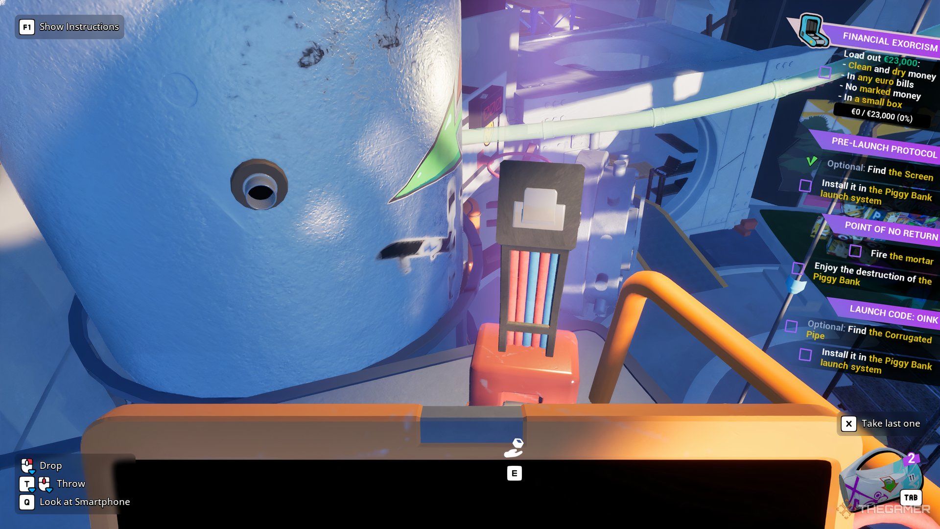 Player character holding a large orange screen while standing next to its installation spot in Cash Cleaner Simulator.