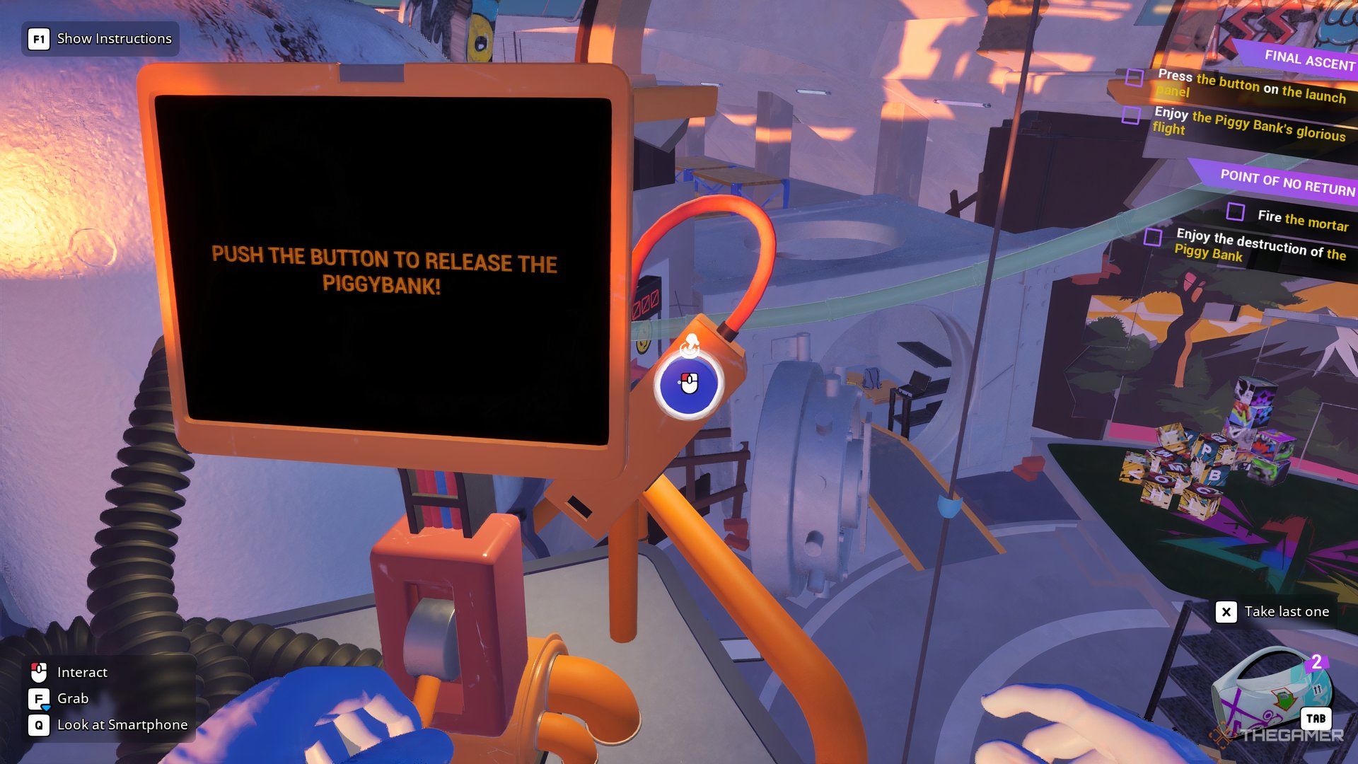 Player character standing next to the repaired Launch Screen, getting ready to press the button in Cash Cleaner Simulator.