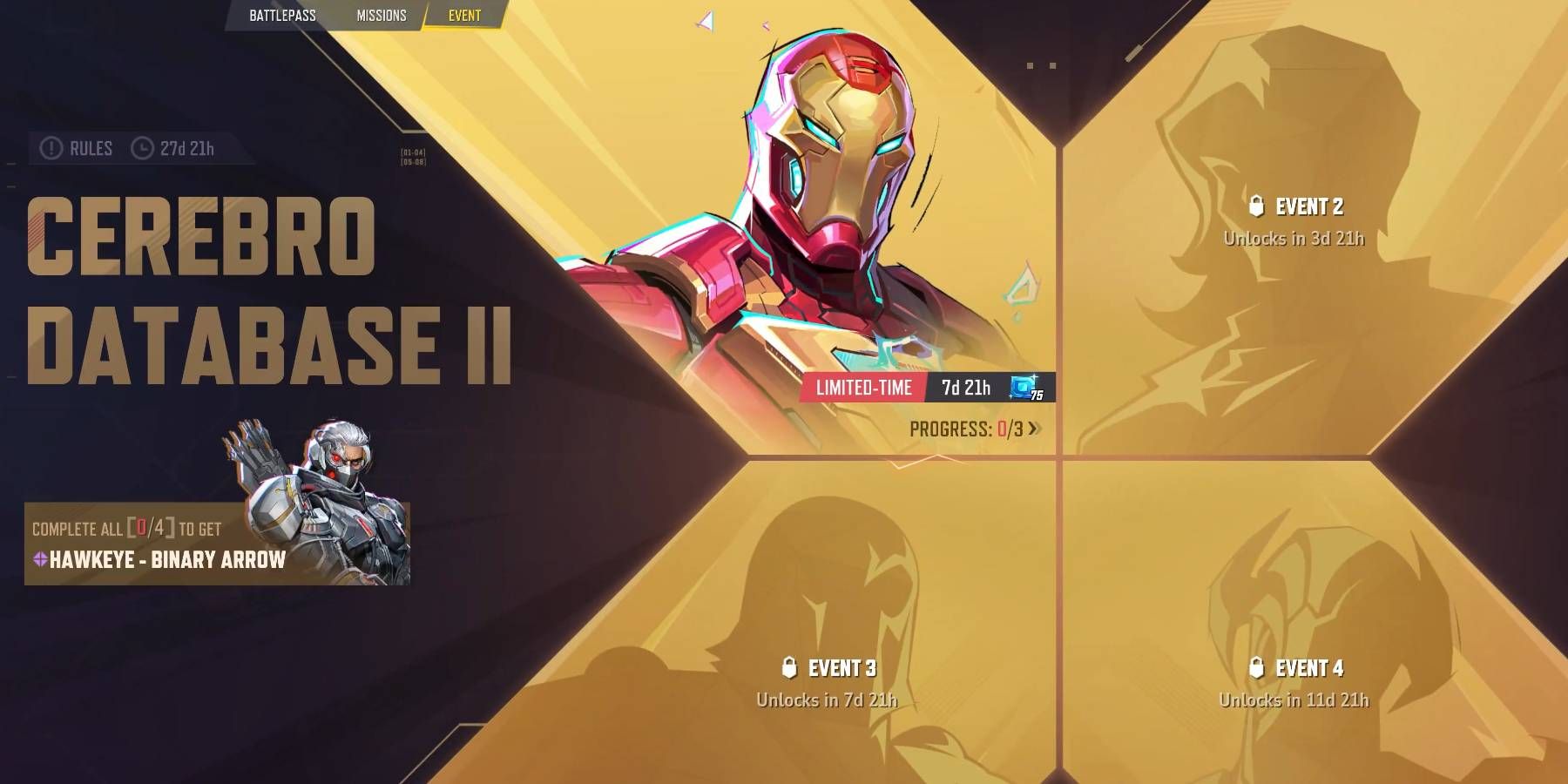 Marvel Rivals Cerebro Database II event with Iron Man page and other hero sections from Season 2.5