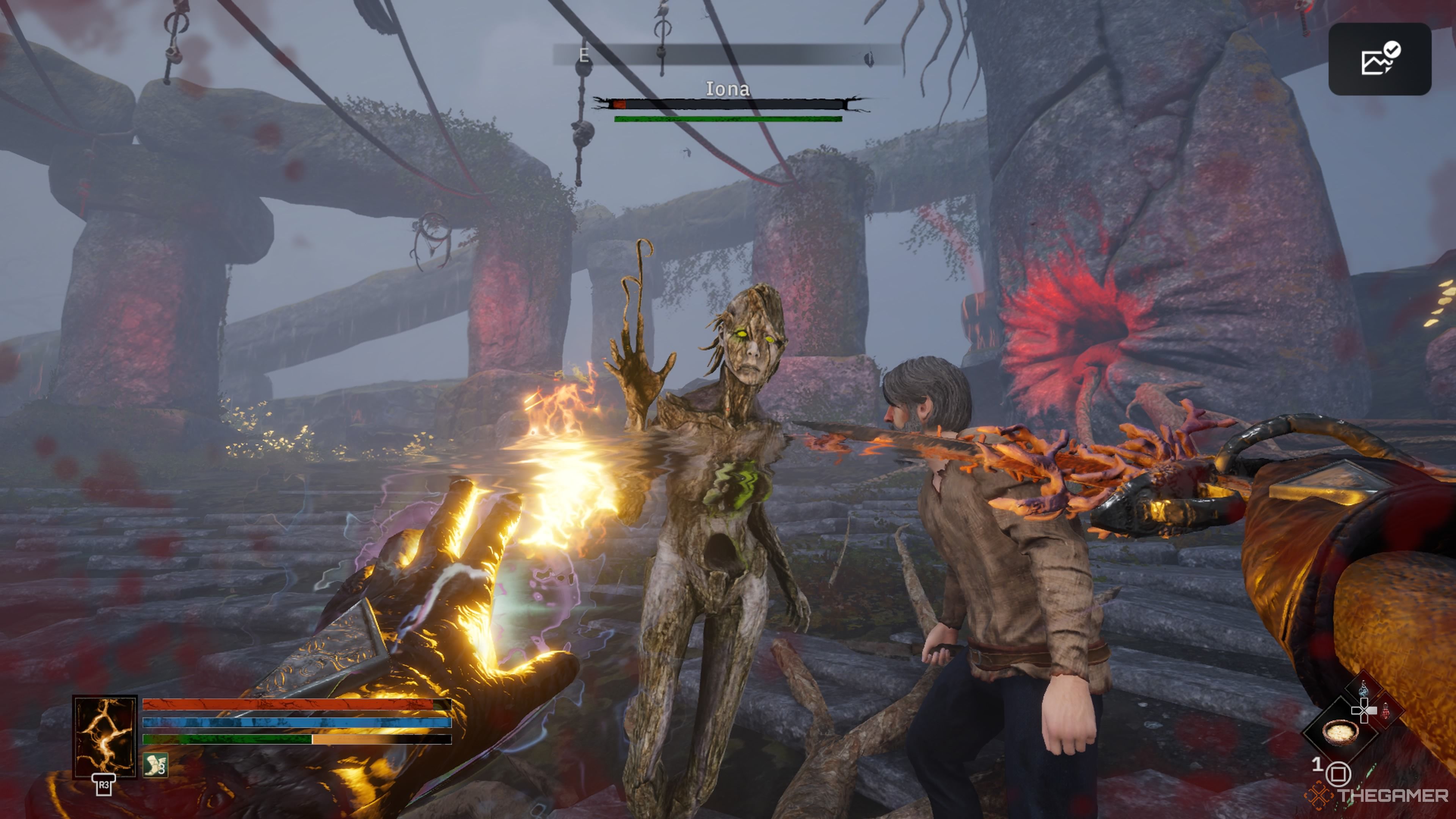 Player character engages in battle against Iona with Drest in Tainted Grail: The Fall of Avalon.