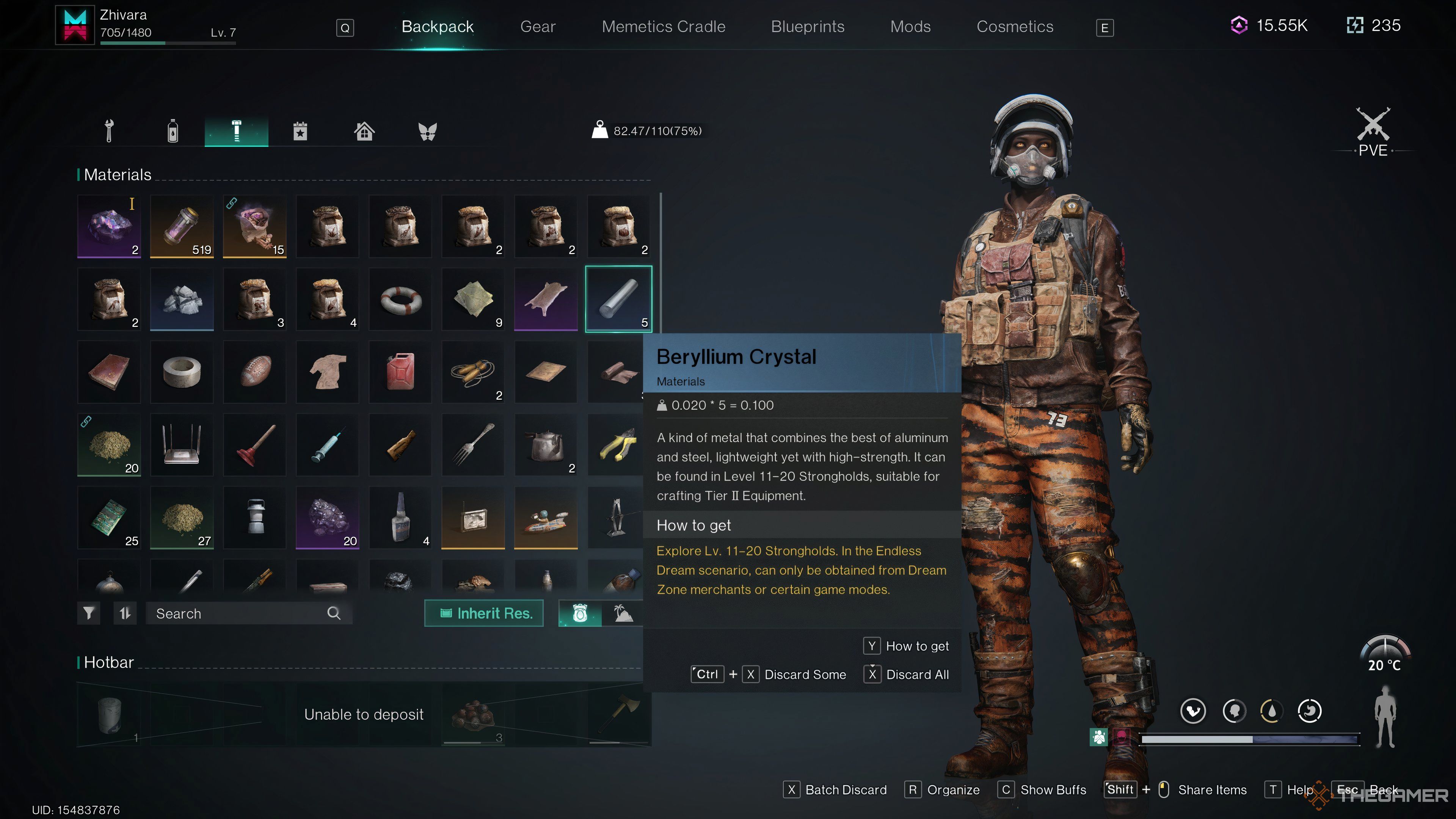 Beryllium Crystal in player inventory.
