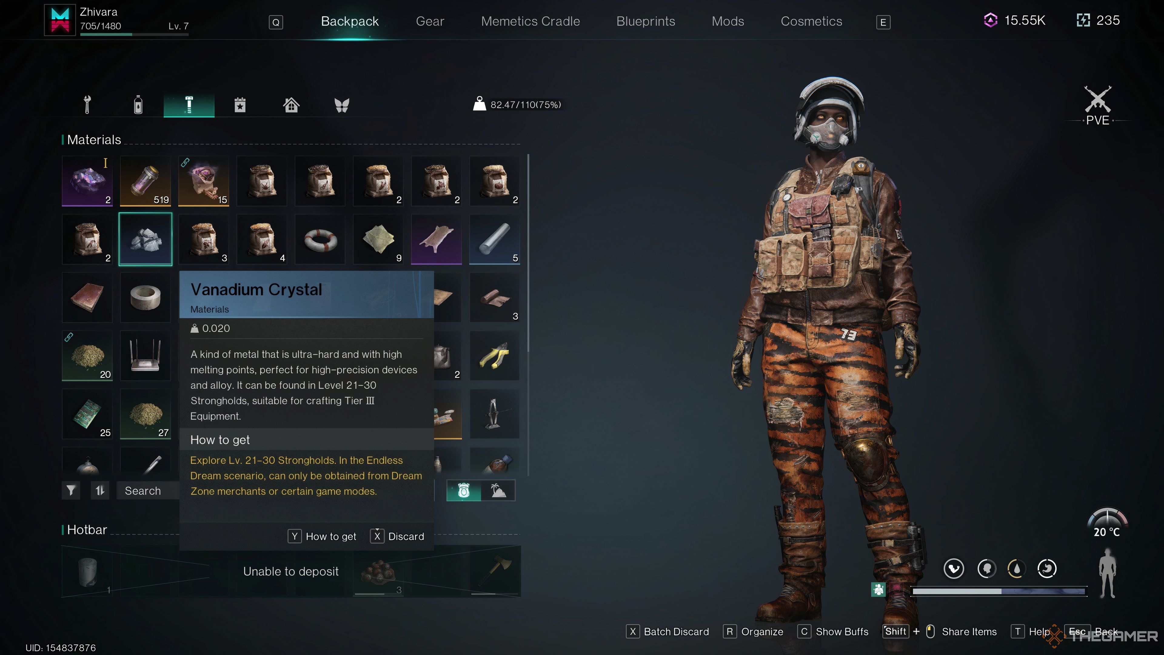 Vanadium Crystal in player inventory.