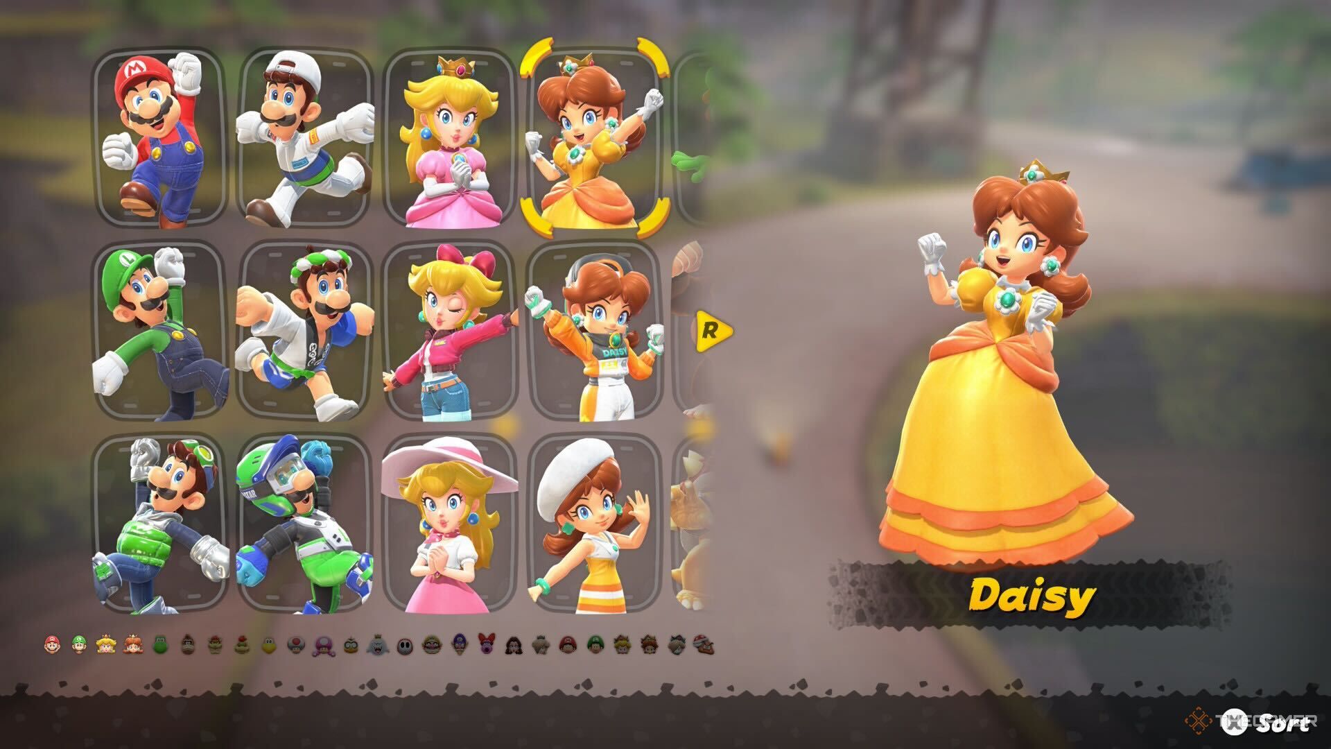 Selecting Daisy in the Mario Kart World character menu