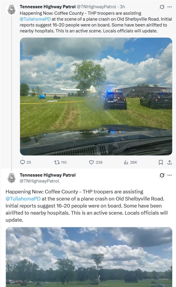 Crash site of a skydiving plane with 20 passengers.