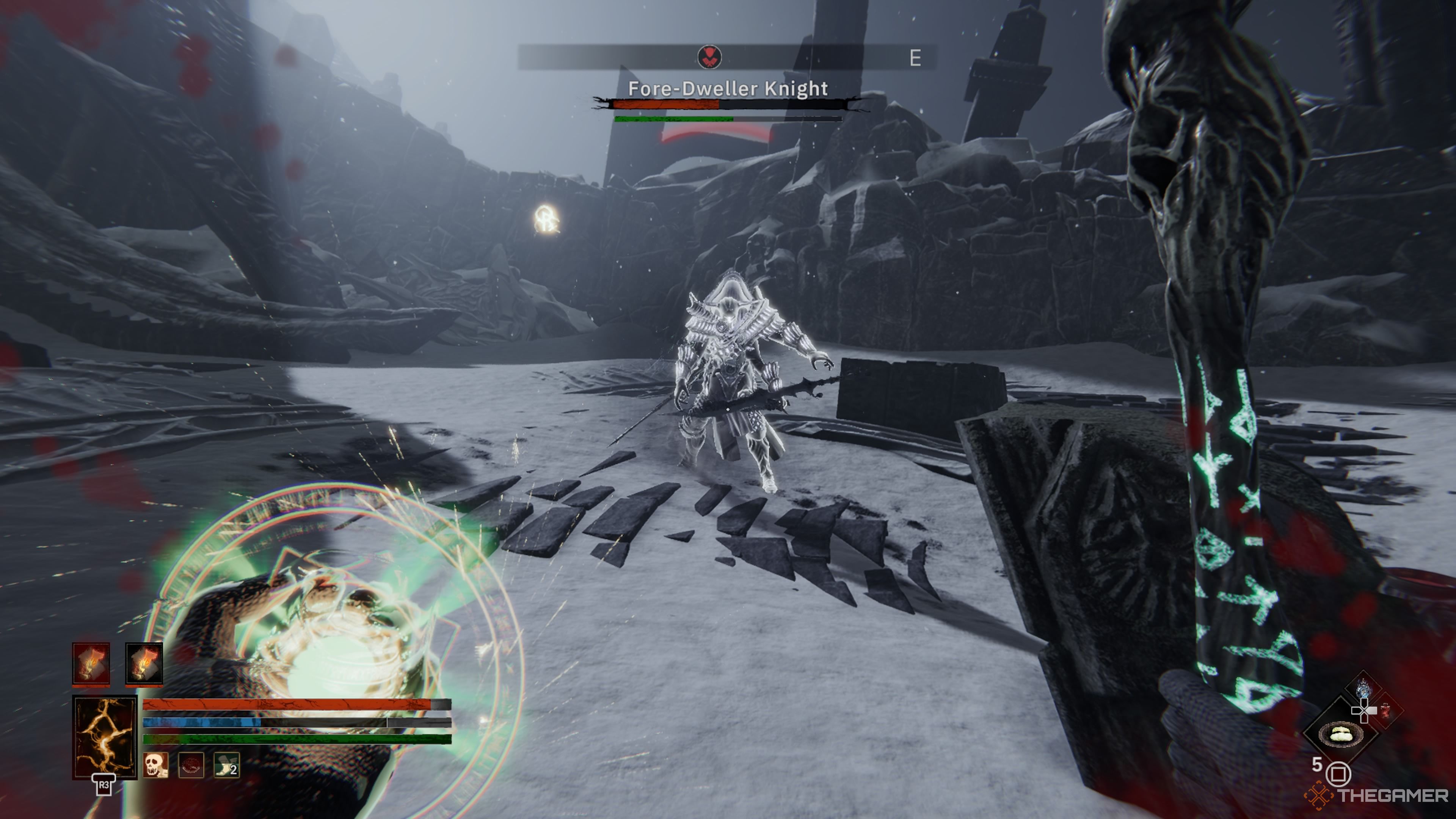 Player character in combat against a Fore-Dweller Knight in Tainted Grail: The Fall Of Avalon.