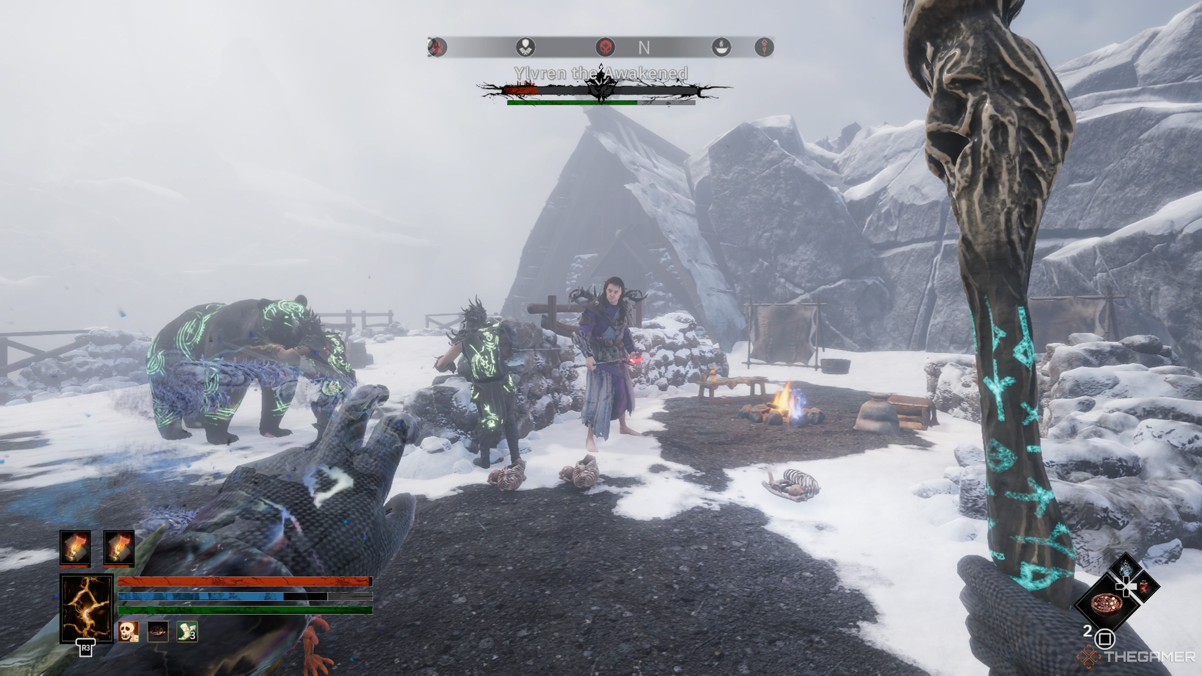 Player character engaging in magic battles against a Dál Riata named Ylvren the Awakened in Tainted Grail: The Fall Of Avalon.