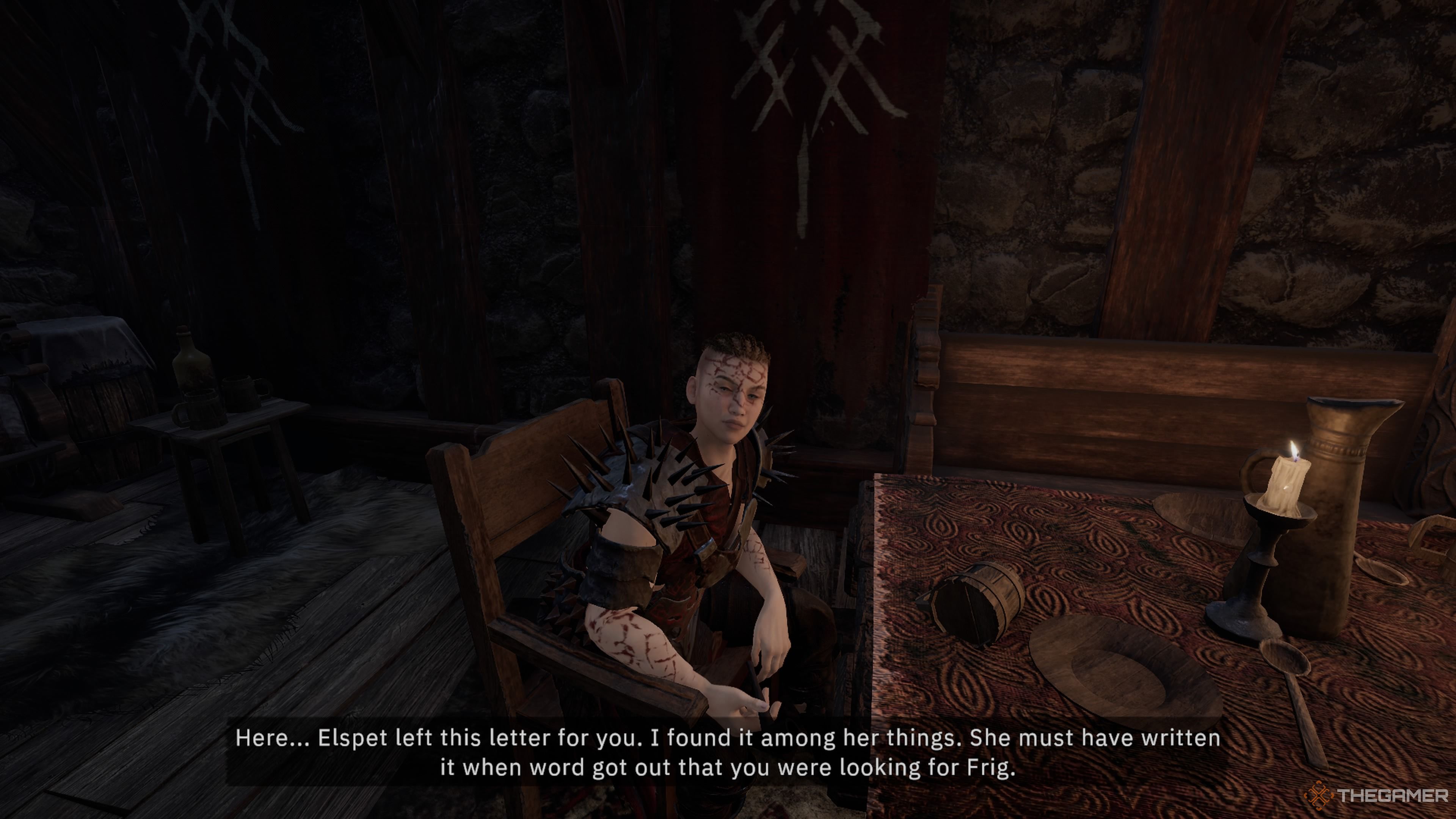 Player character conversing with Neasa concerning Elspet in Tainted Grail: The Fall Of Avalon.