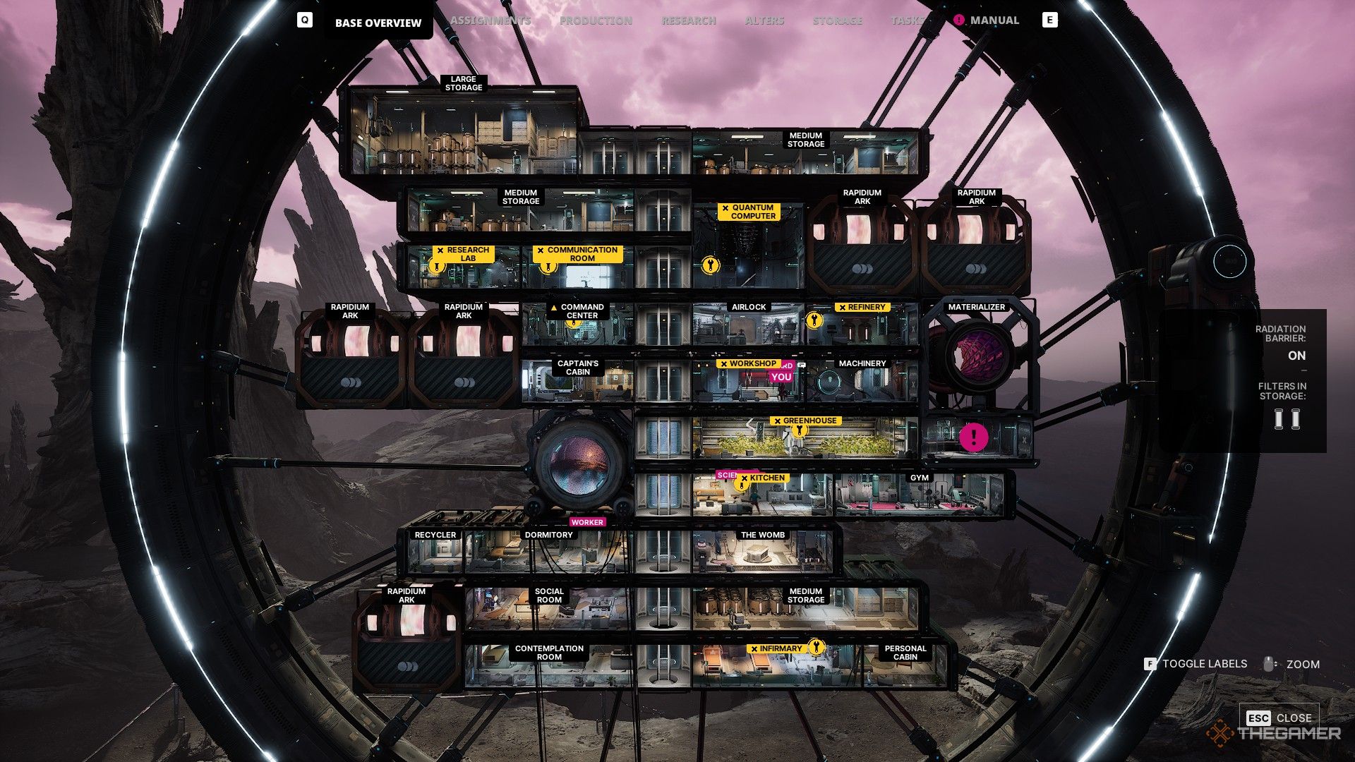 A base with several rooms malfunctioning in The Alters.