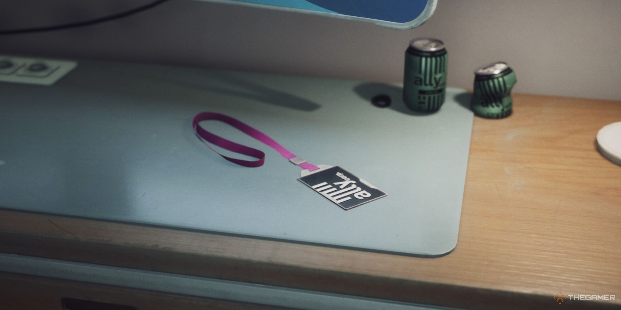 Jan Dolski's Ally Corp ID badge on a desk in The Alters.