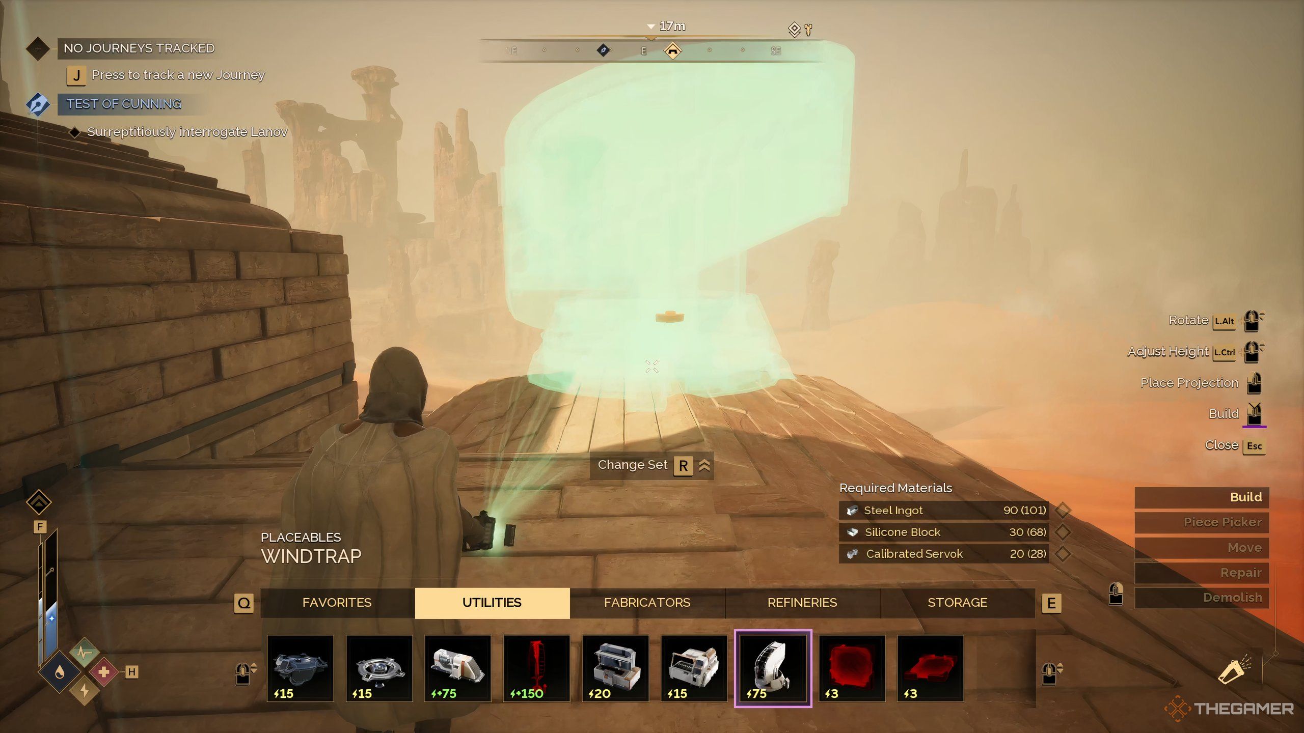A player constructing the Windtrap in Dune: Awakening on top of their sub-fief.